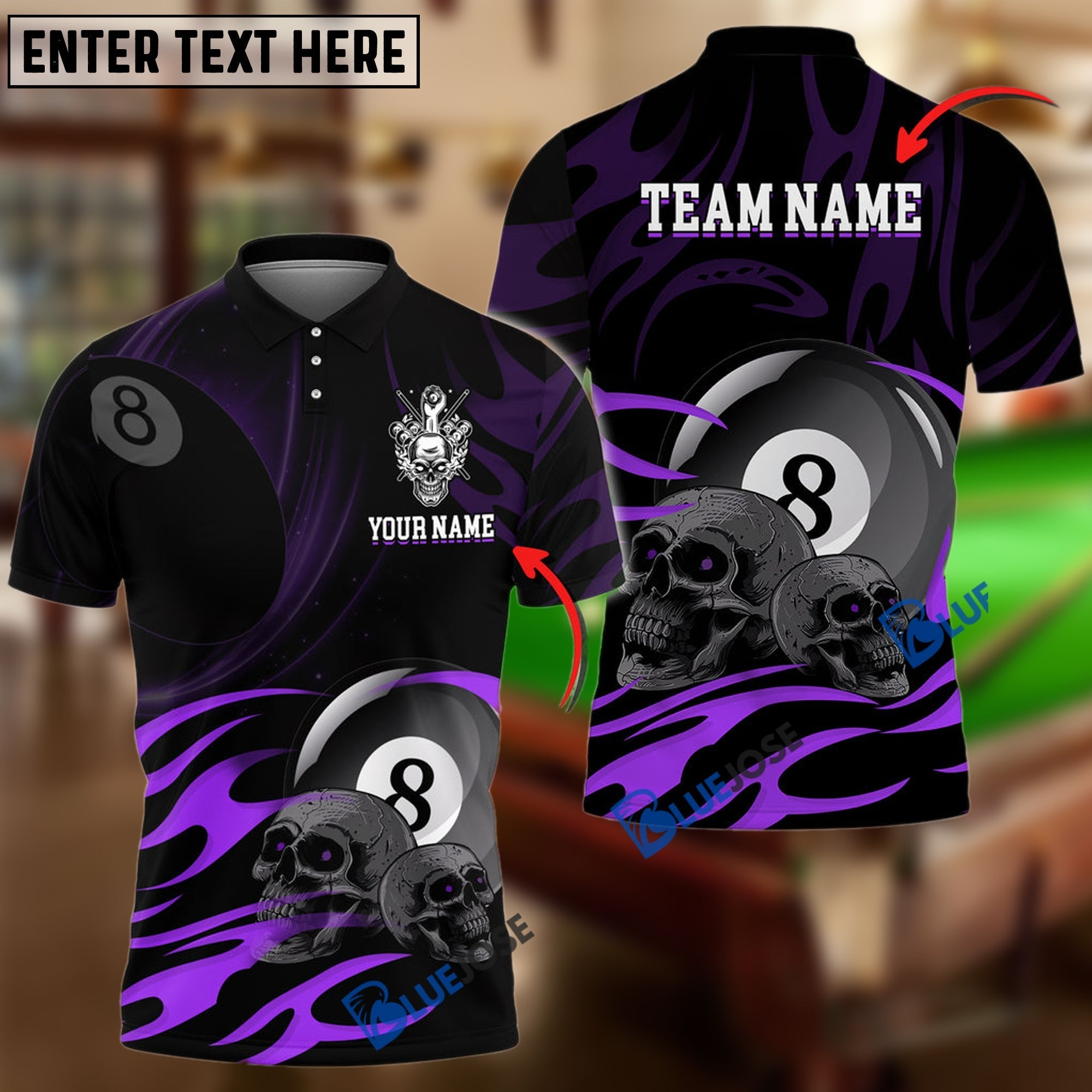 BlueJose Billiards Ball 8 Skulls Personalized Name, Team Name Unisex Shirt (6 Colors)