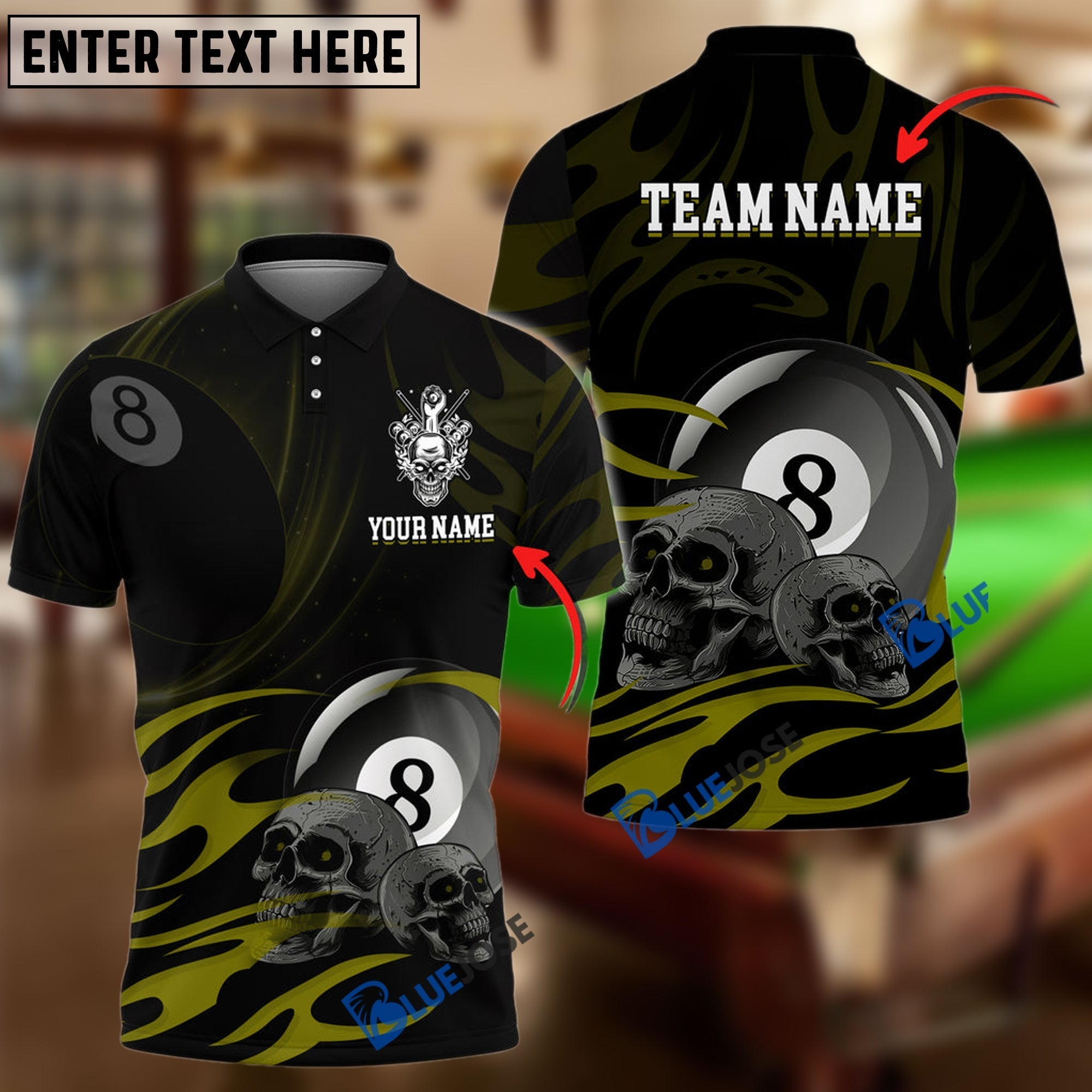 BlueJose Billiards Ball 8 Skulls Personalized Name, Team Name Unisex Shirt (6 Colors)