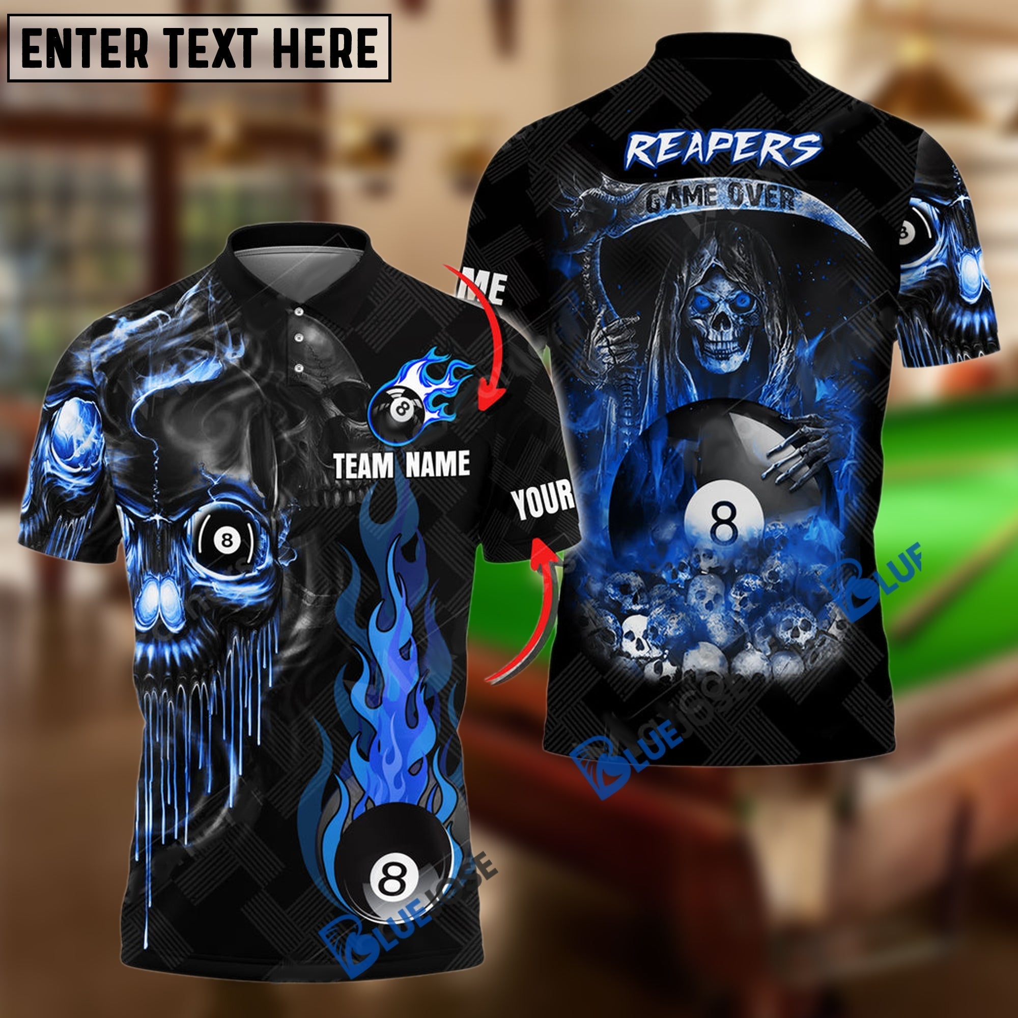 BlueJose Billiards Ball 8 Reapers Game Over Personalized Name, Team Name Shirt (6 Colors)