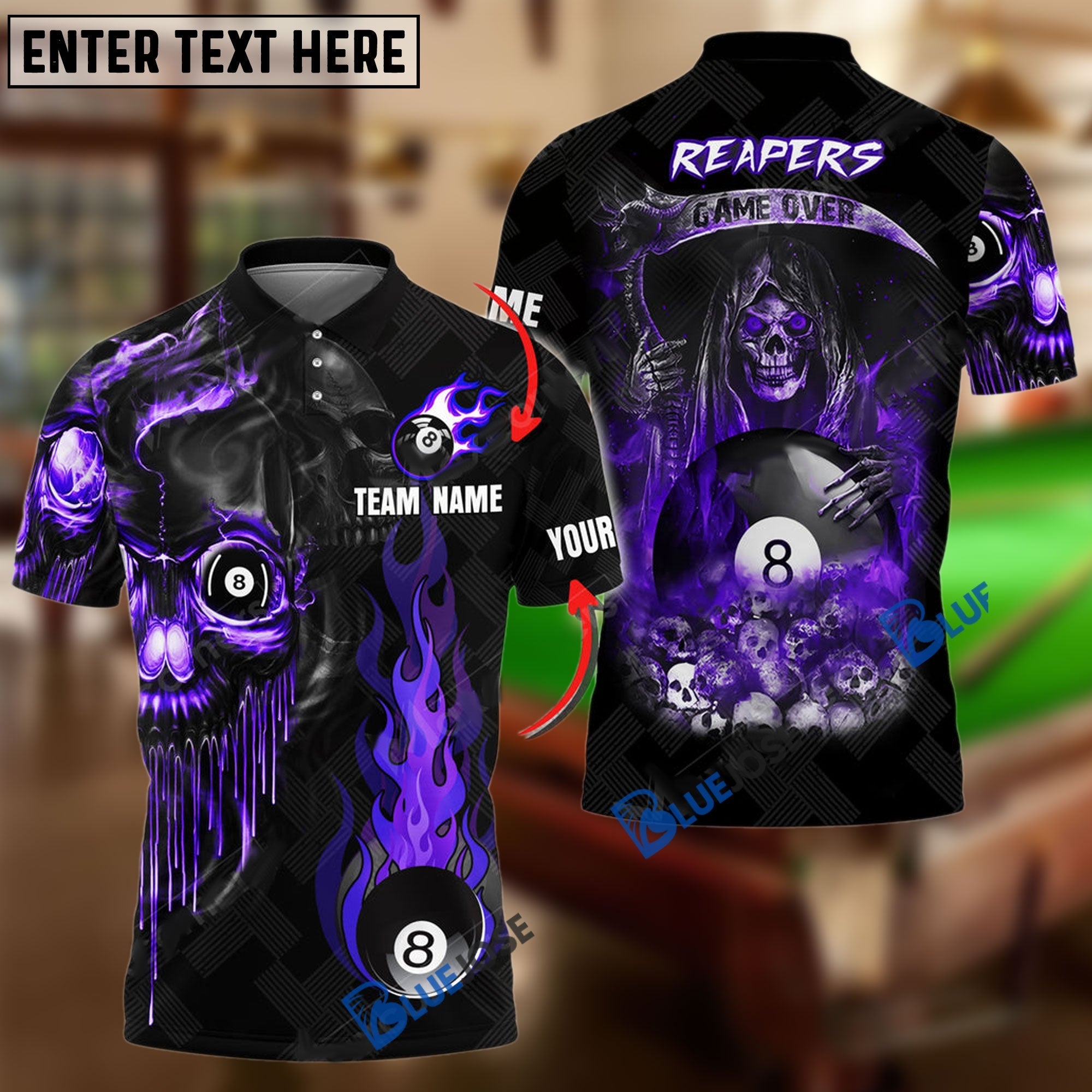 BlueJose Billiards Ball 8 Reapers Game Over Personalized Name, Team Name Shirt (6 Colors)