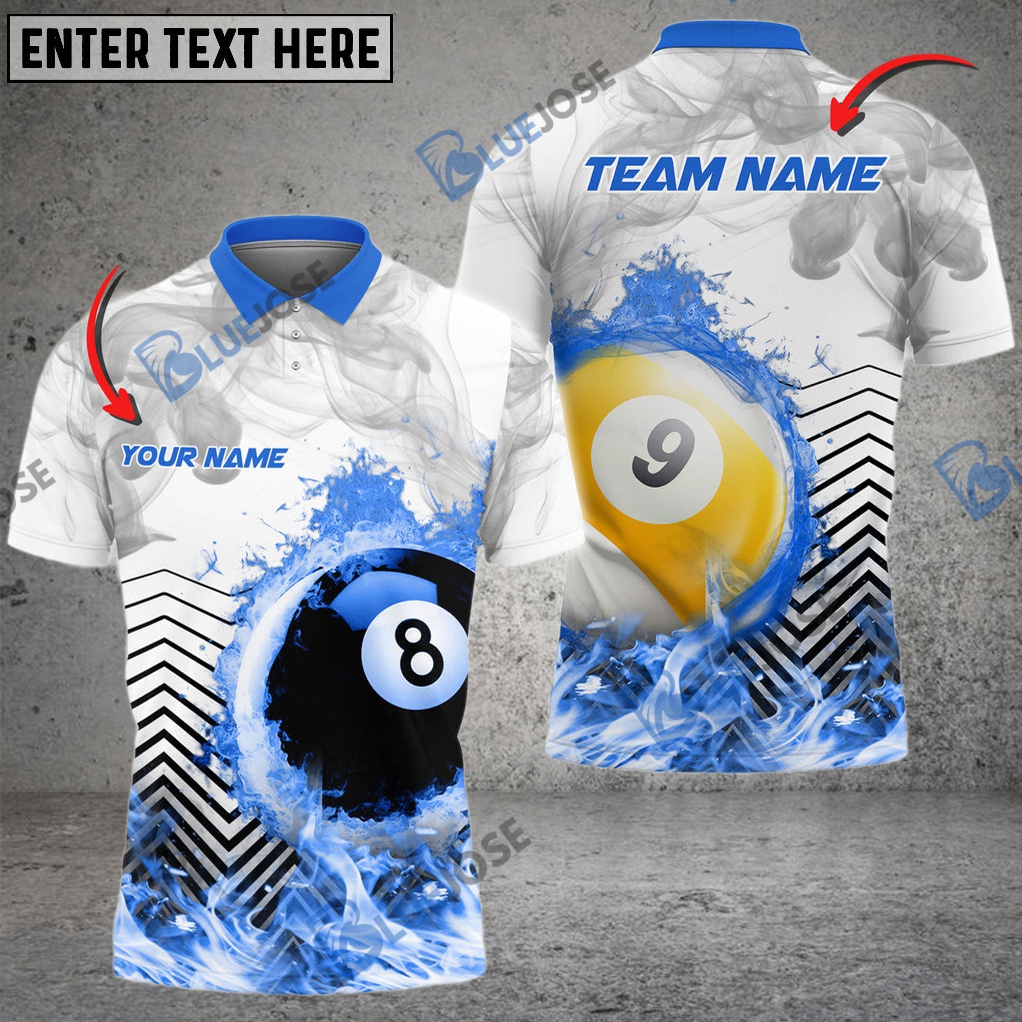 BlueJose Billiards Ball 8 And 9  White Fire Flame Smoke Personalized Name, Team Name Shirt (4 Colors)