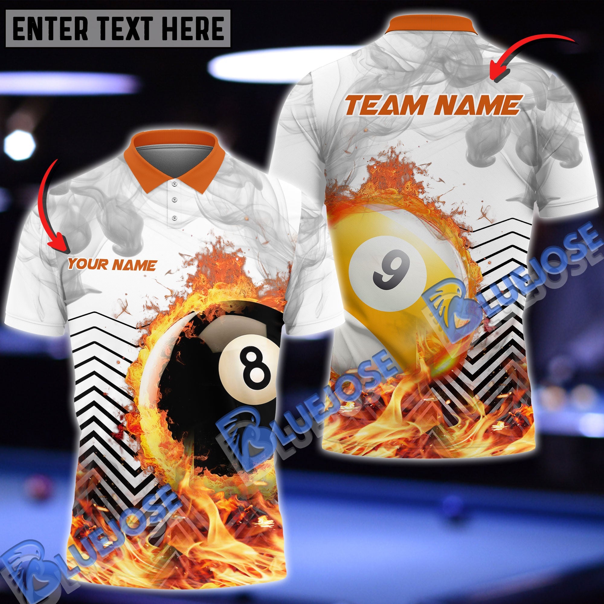 BlueJose Billiards Billiards White Fire Flame Smoke Personalized Shirt