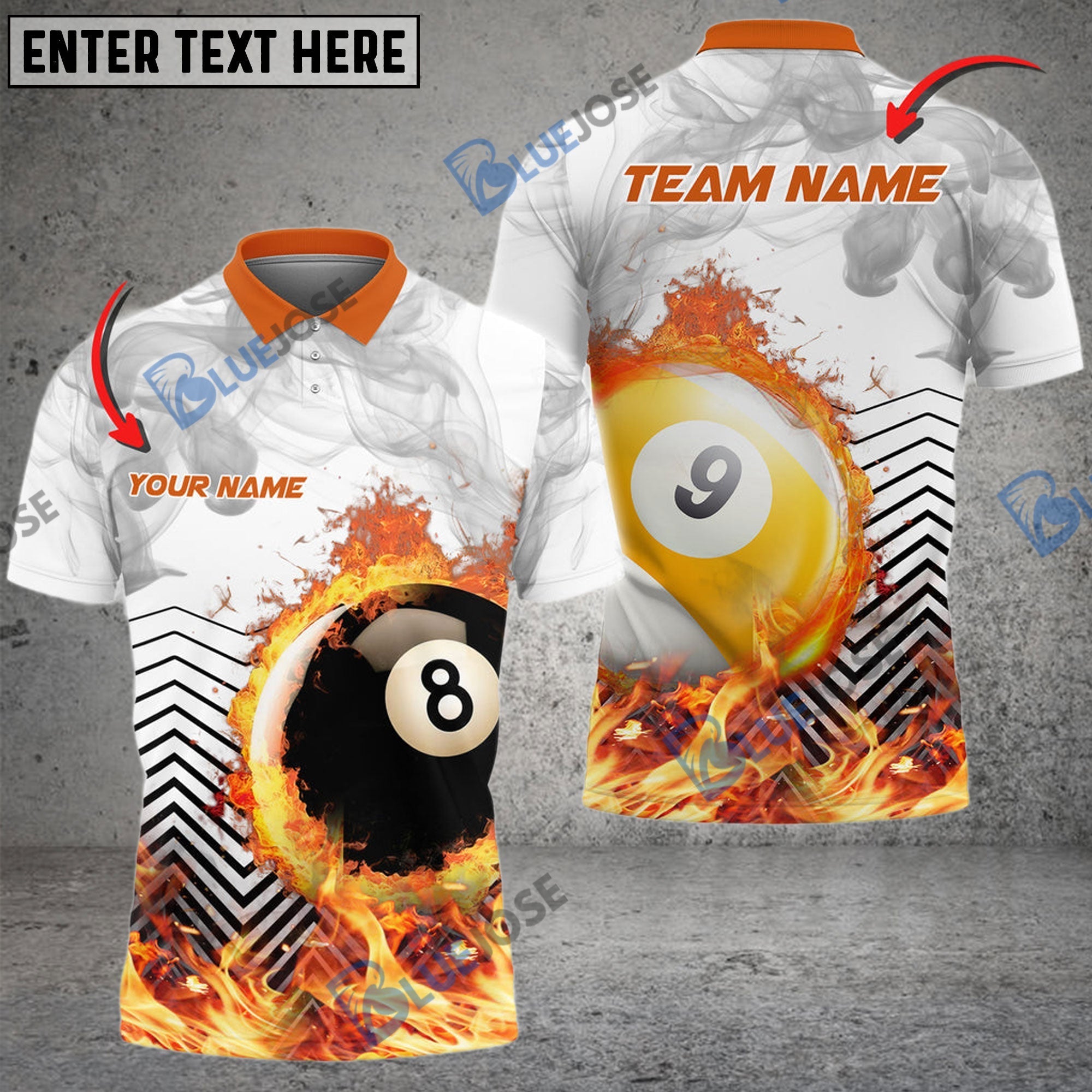BlueJose Billiards Ball 8 And 9  White Fire Flame Smoke Personalized Name, Team Name Shirt (4 Colors)