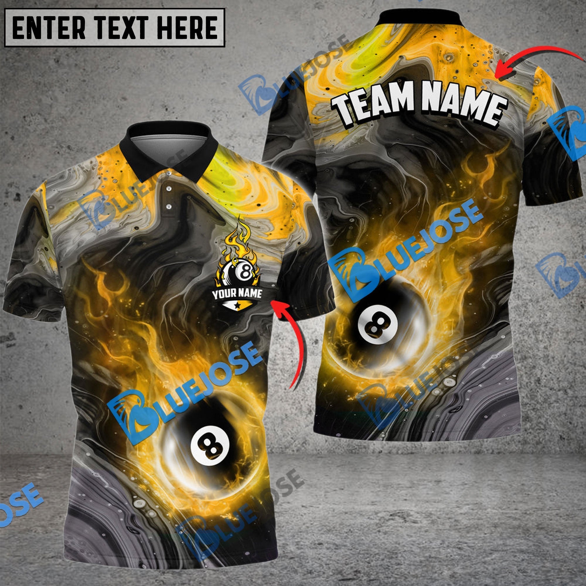 BlueJose Billiards Ball 8 Fire Paint Flow Personalized Name Shirt (6 Colors)