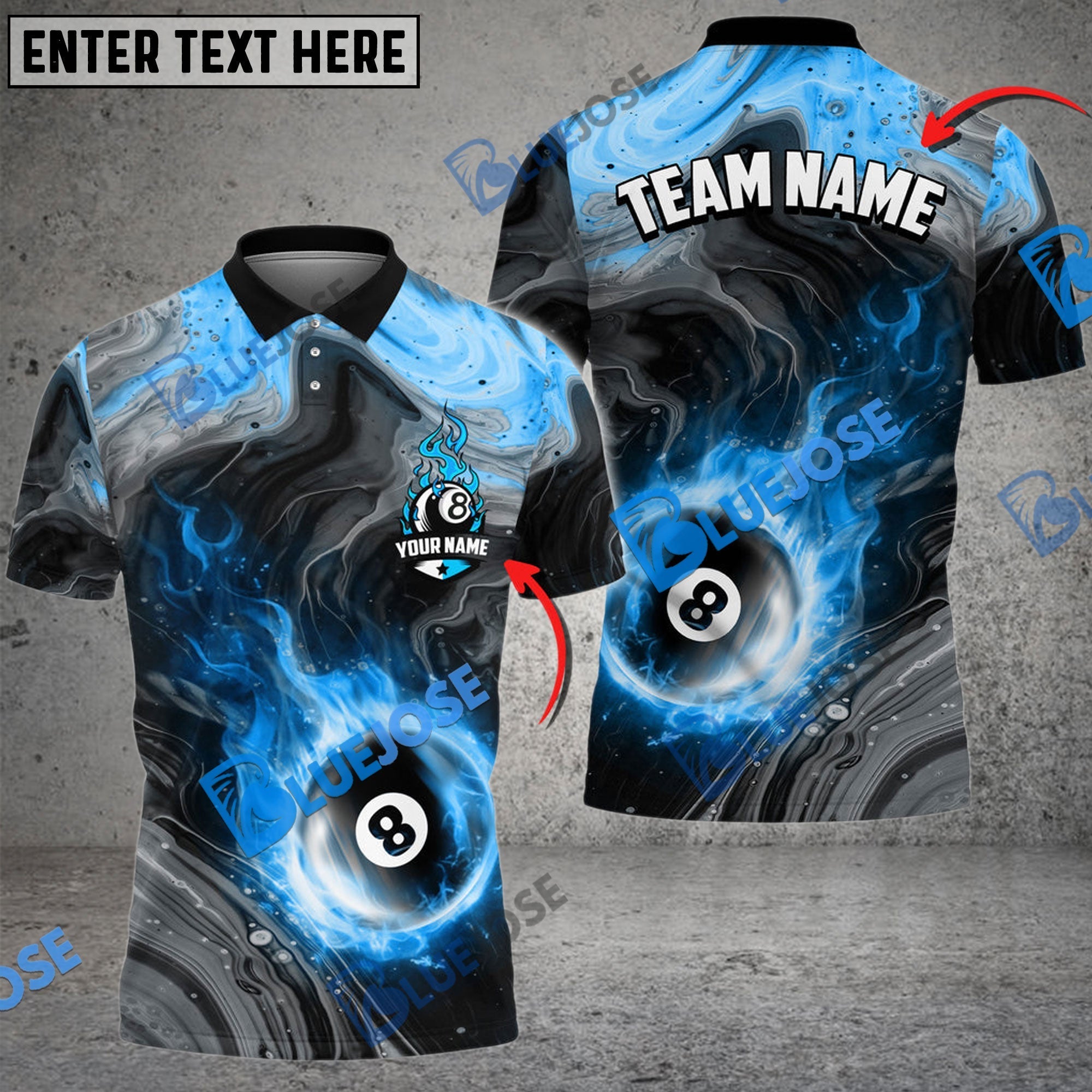 BlueJose Billiards Ball 8 Fire Paint Flow Personalized Name Shirt (6 Colors)