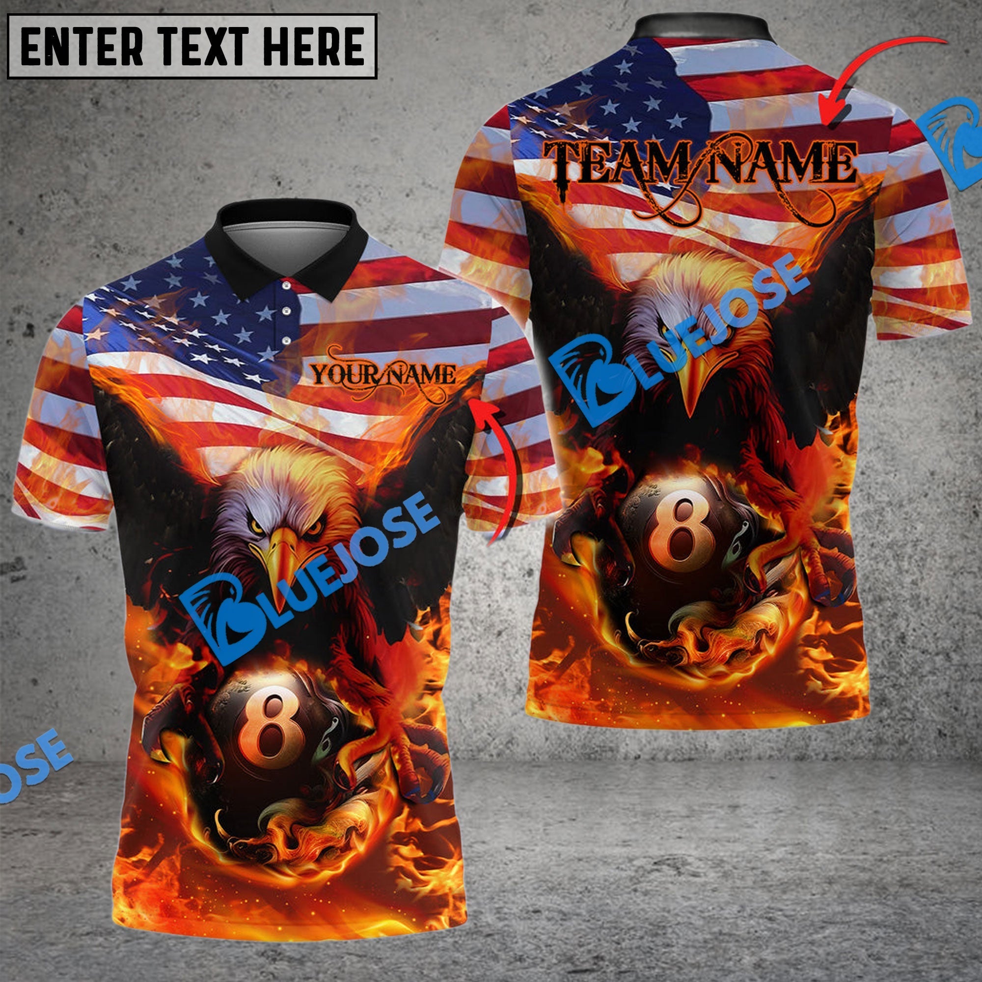 BlueJose Billiards Ball 8 US Flag Eagle Personalized Name, Team Name Unisex Shirt