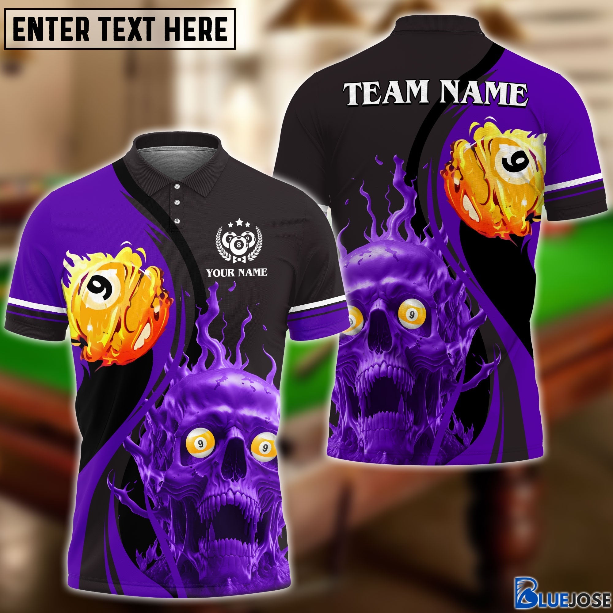 BlueJose Billiards Skull Fire Personalized Name, Team Name Unisex Shirt