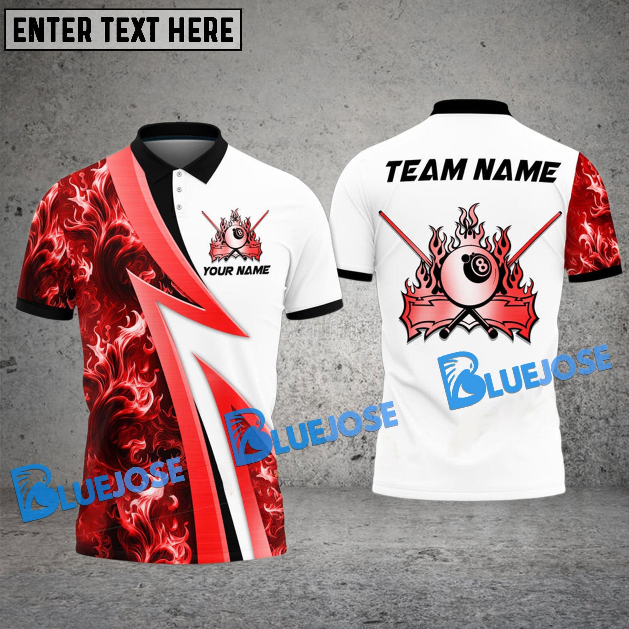 BlueJose Billiards Ball 8 Flame Big Logo Personalized Name Shirt (4 Colors)