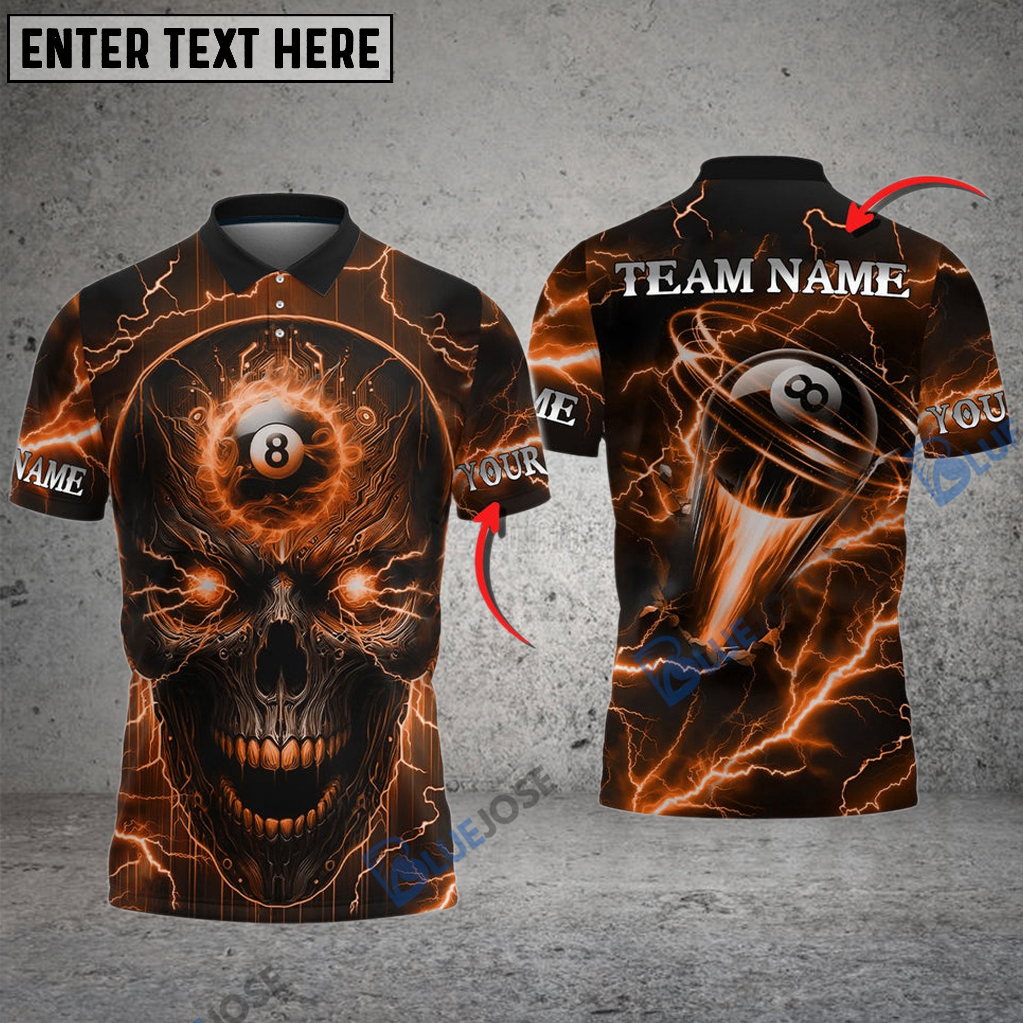 BlueJose Billiards Ball 8 Skull Thunder Lightning Personalized Name Shirt (5 Colors)
