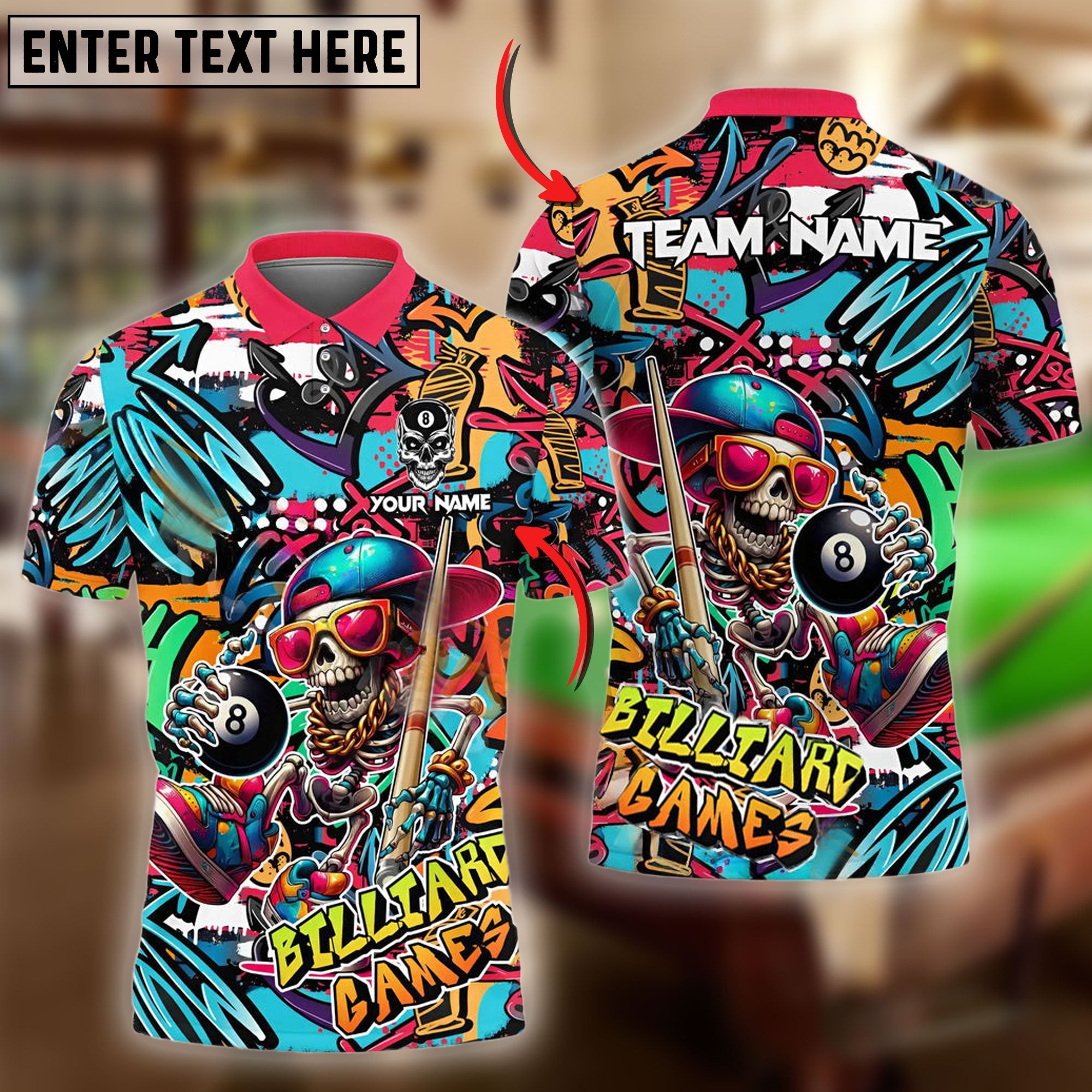 BlueJose Billiards Ball 8 Funny Skull Colorful Graffiti Personalized Name, Team Name Unisex Shirt (4 Colors)