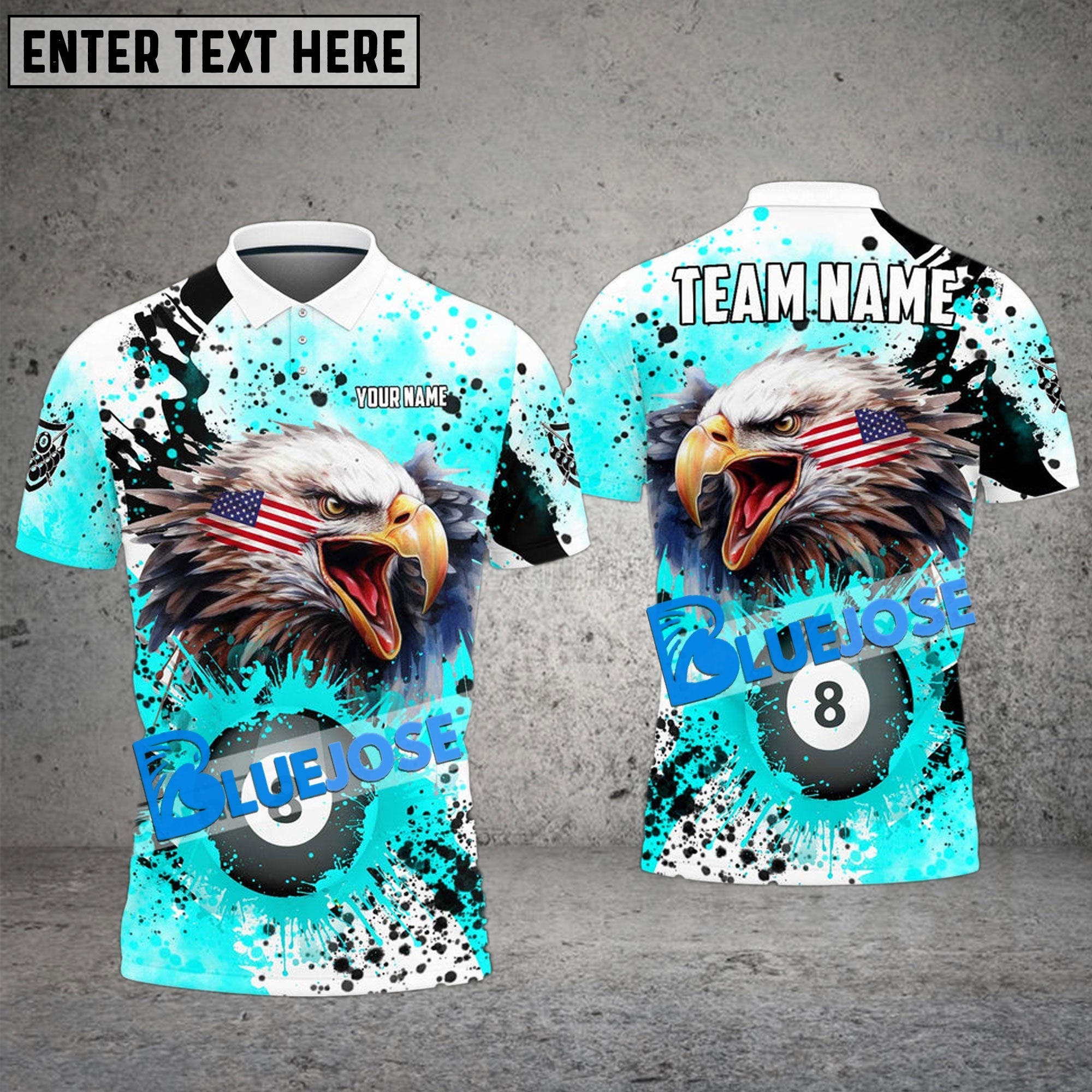 BlueJose Billiards 8 Ball Eagle American Flag Paint Pattern Personalized Name, Team Name Unisex Shirt (4 Colors)