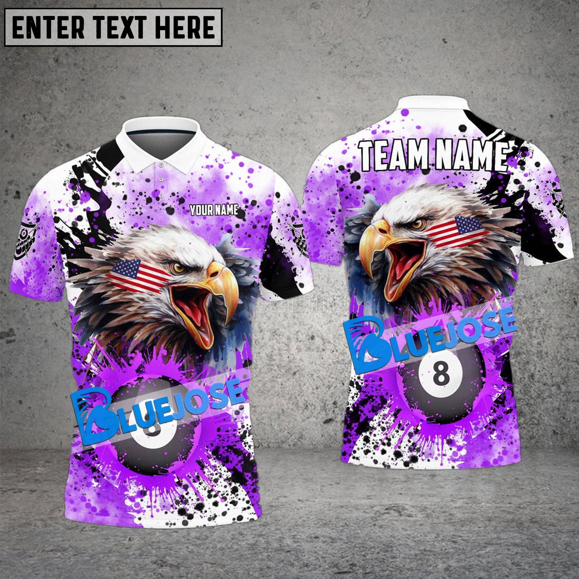 BlueJose Billiards 8 Ball Eagle American Flag Paint Pattern Personalized Name, Team Name Unisex Shirt (4 Colors)