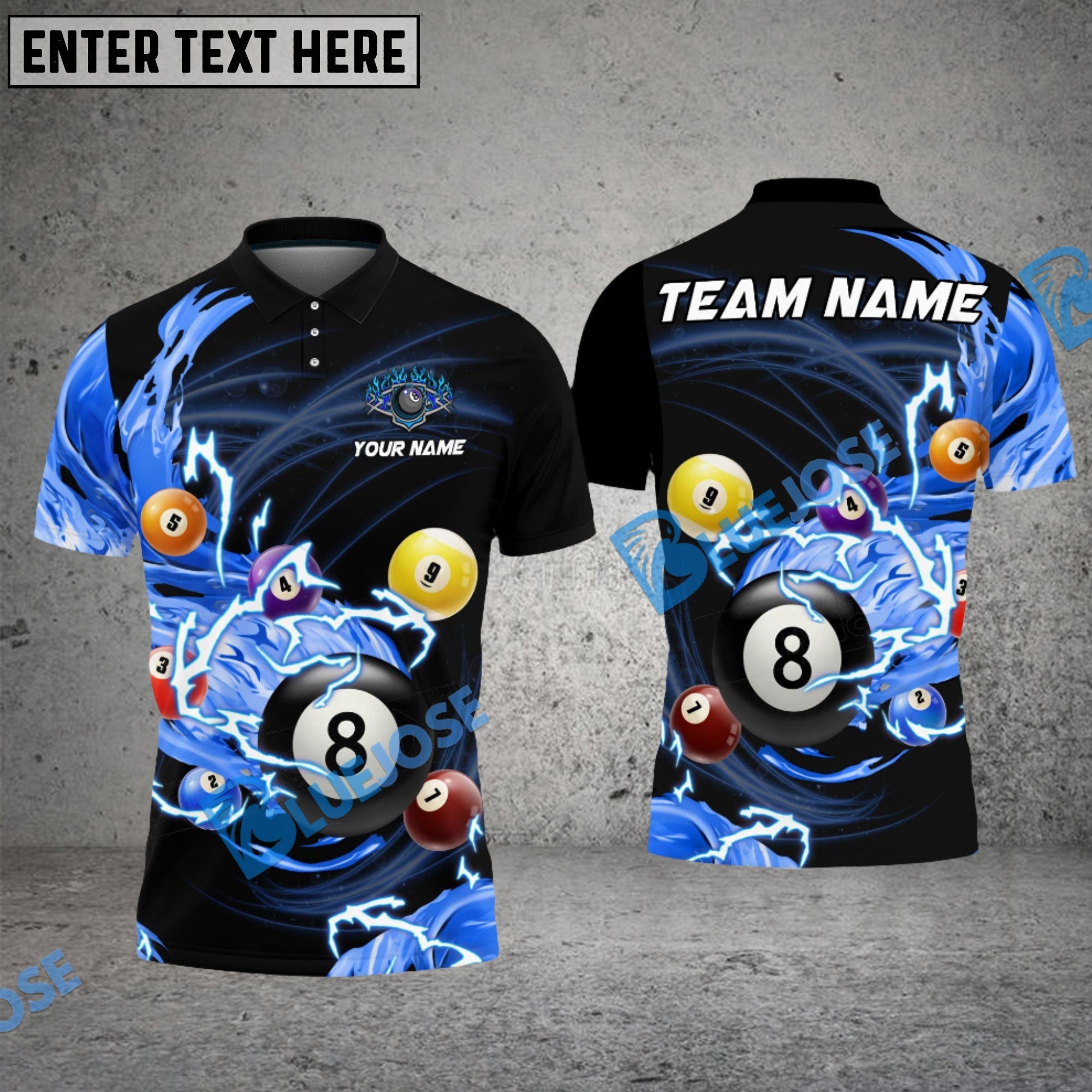 BlueJose Billiards Ball 8 Follow Flame Personalized Name, Team Name Unisex Shirt (6 Colors)