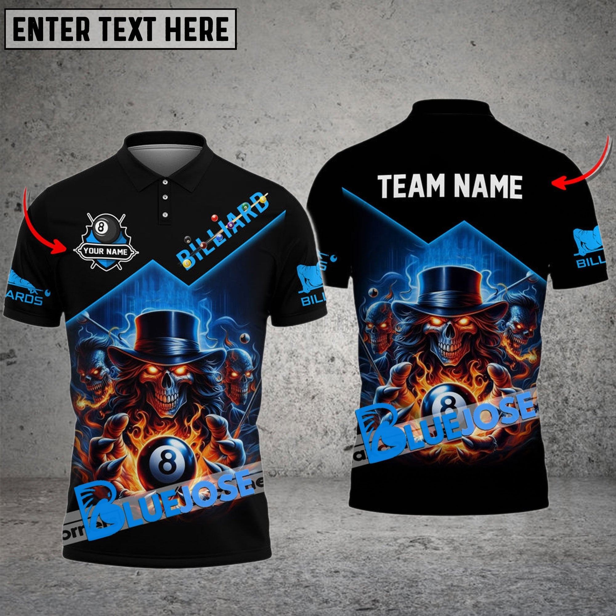 BlueJose Billiards 8 Ball Hands Of Skull Flame Personalized Name, Team Name Shirt (4 Colors)