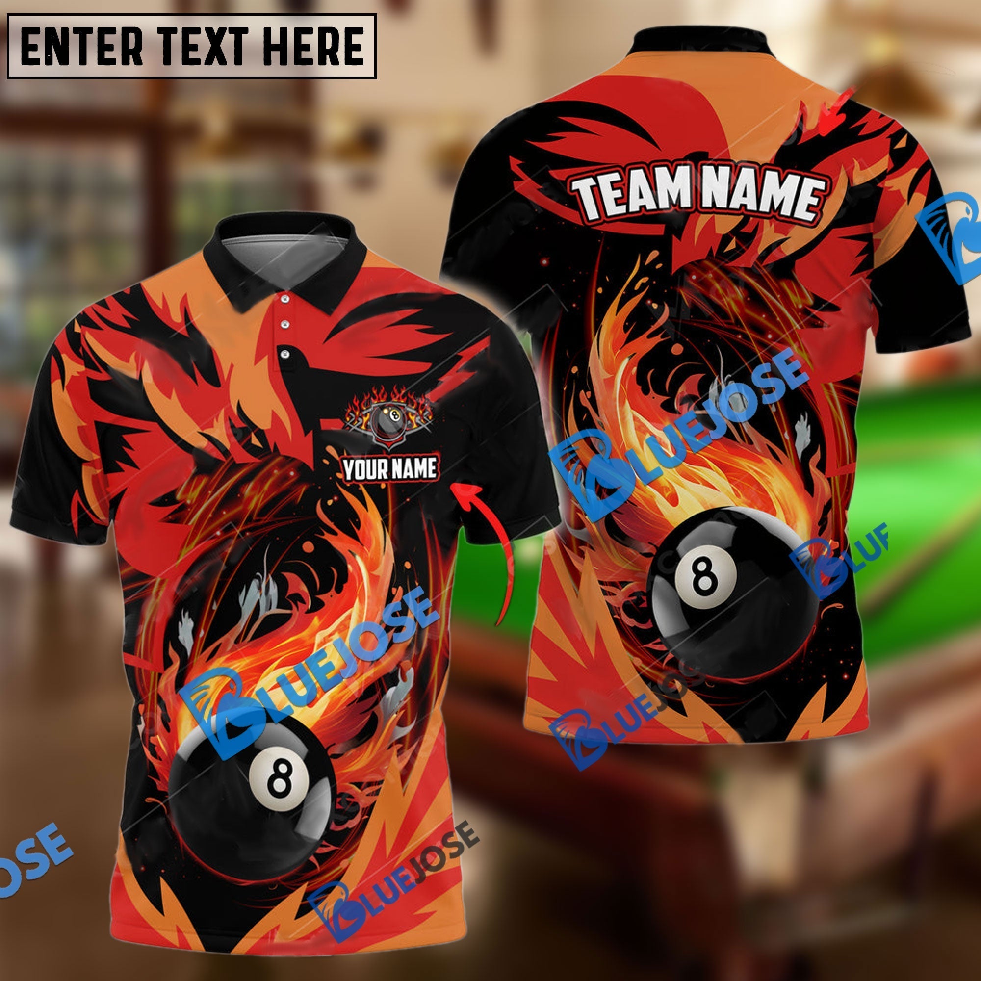 BlueJose Billiards Fire Phoenix Personalized Name, Team Name Unisex Shirt (6 Colors)