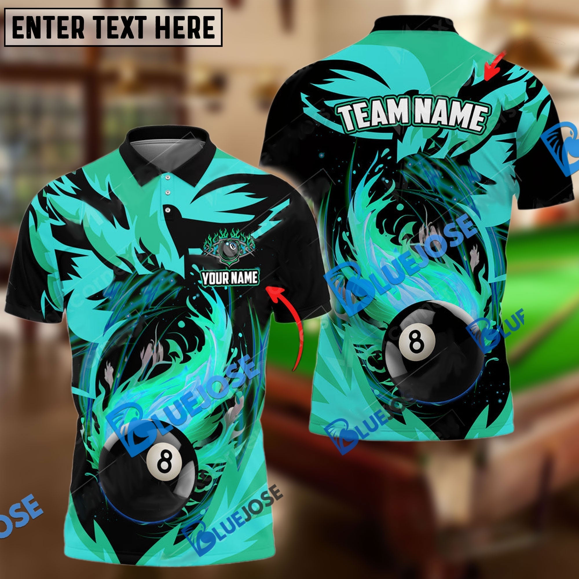 BlueJose Billiards Fire Phoenix Personalized Name, Team Name Unisex Shirt (6 Colors)