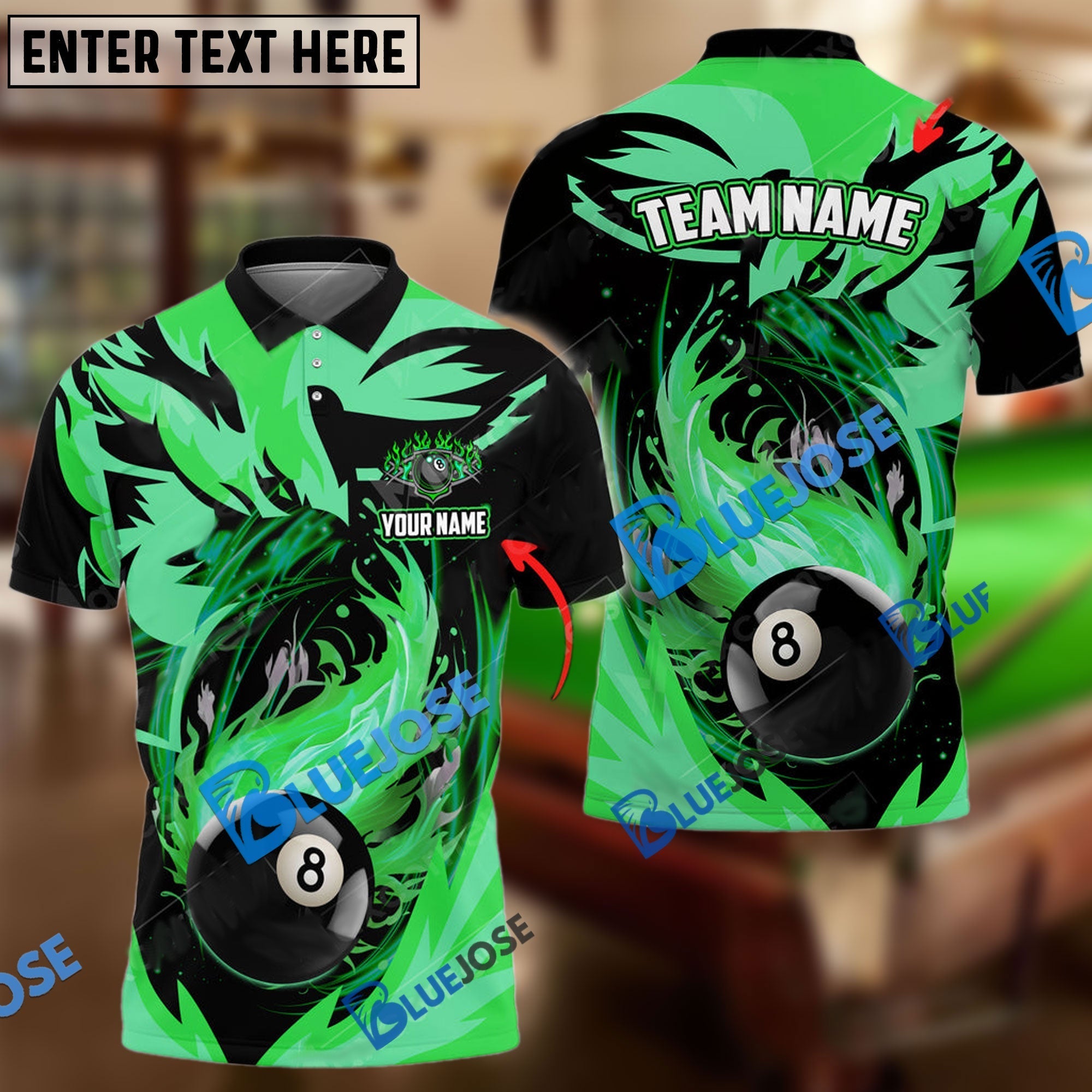 BlueJose Billiards Fire Phoenix Personalized Name, Team Name Unisex Shirt (6 Colors)