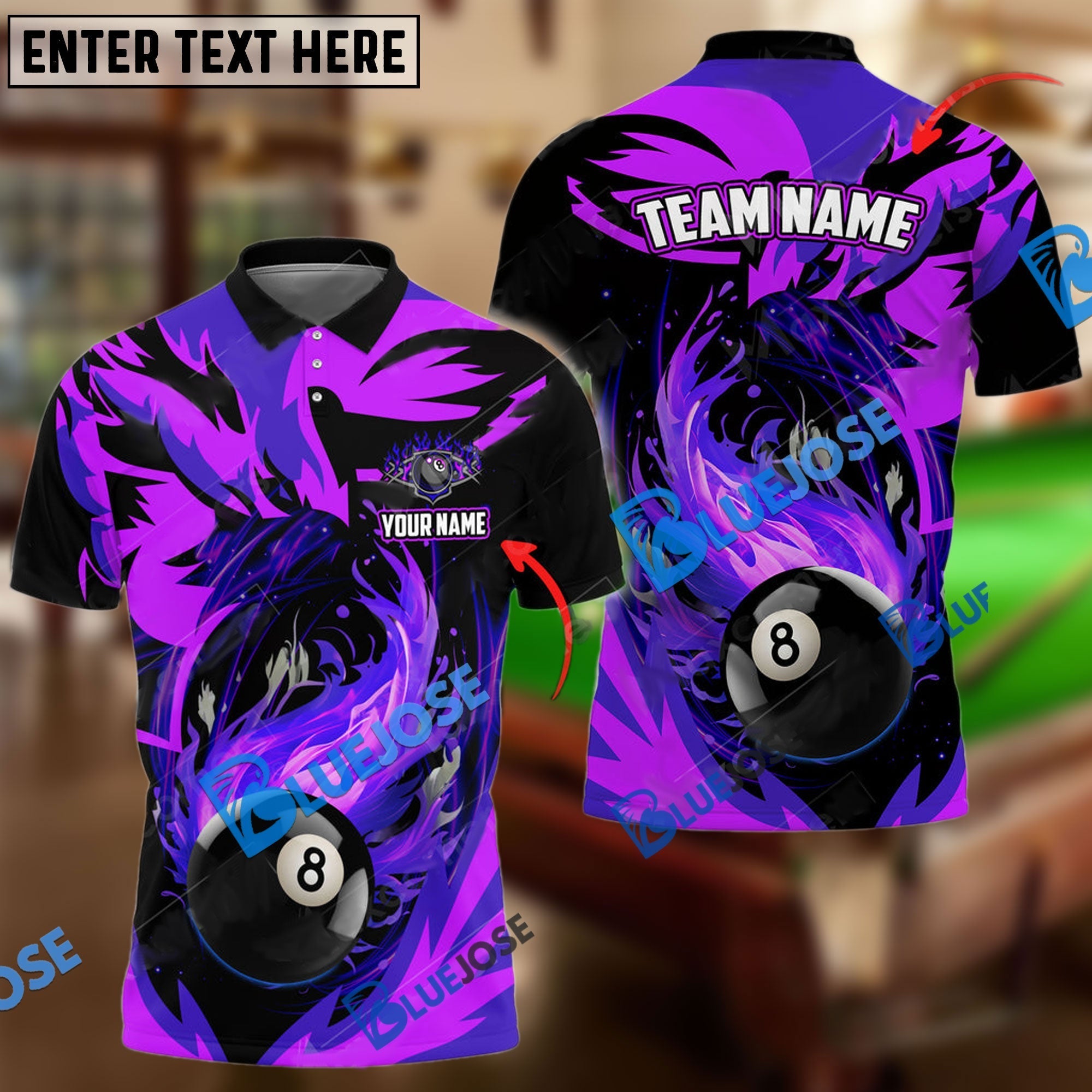 BlueJose Billiards Fire Phoenix Personalized Name, Team Name Unisex Shirt (6 Colors)