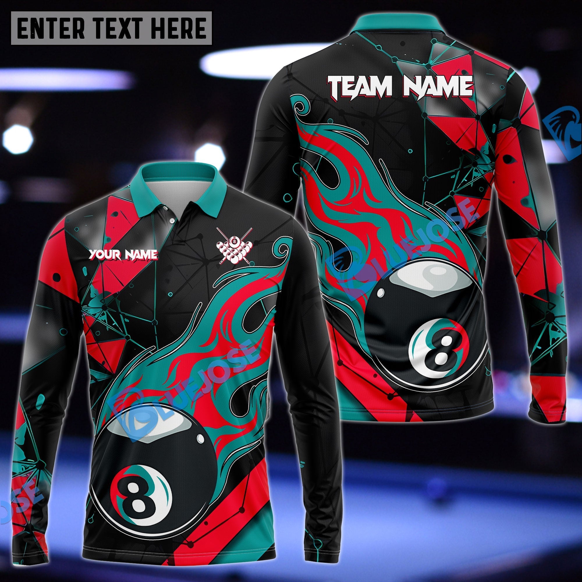 BlueJose Billiards 8 Ball Peaceful Fire Personalized Name, Team Name Shirt