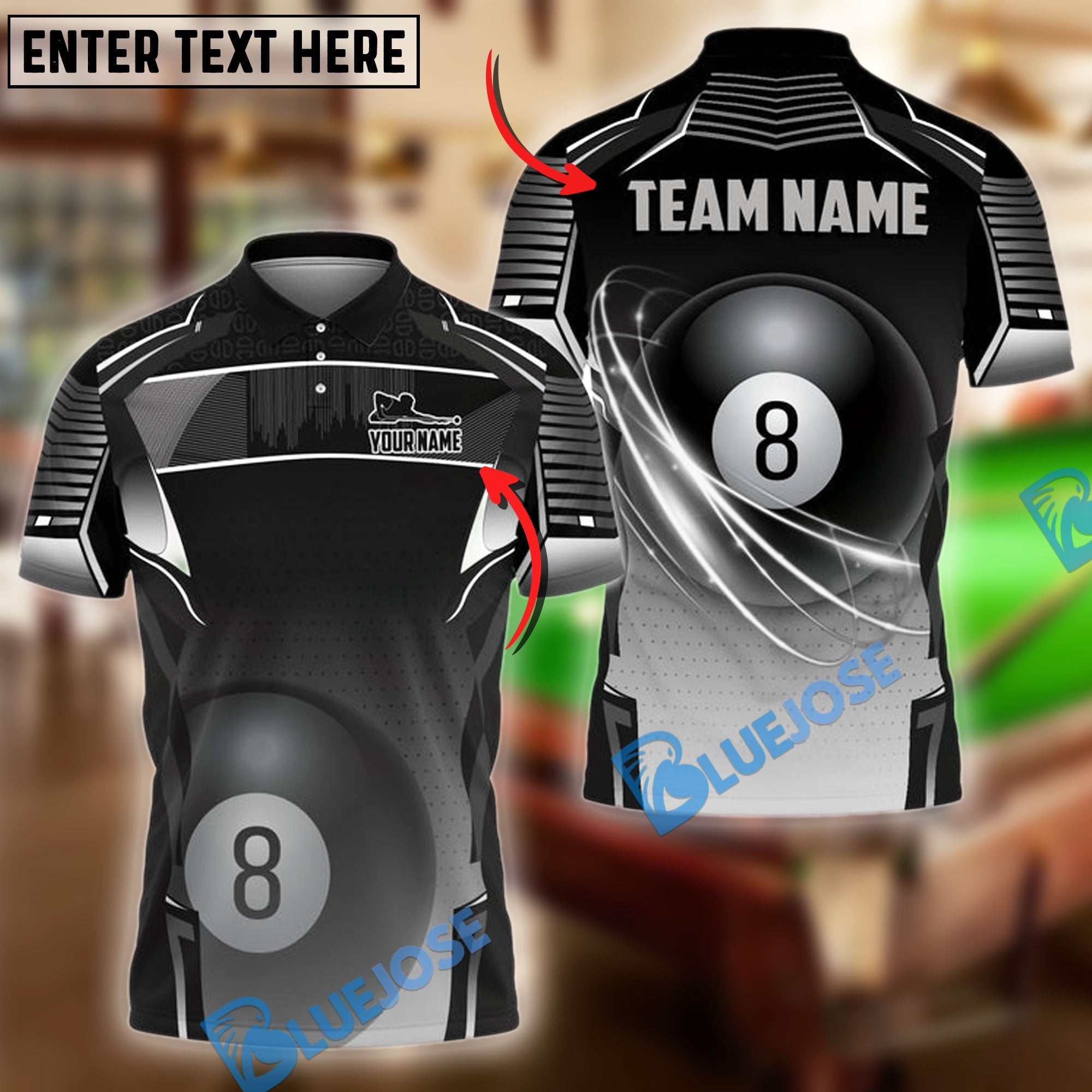 BlueJose Billiards Ball 8 Pool Classic Personalized Name & Team Name Shirt (4 Colors)