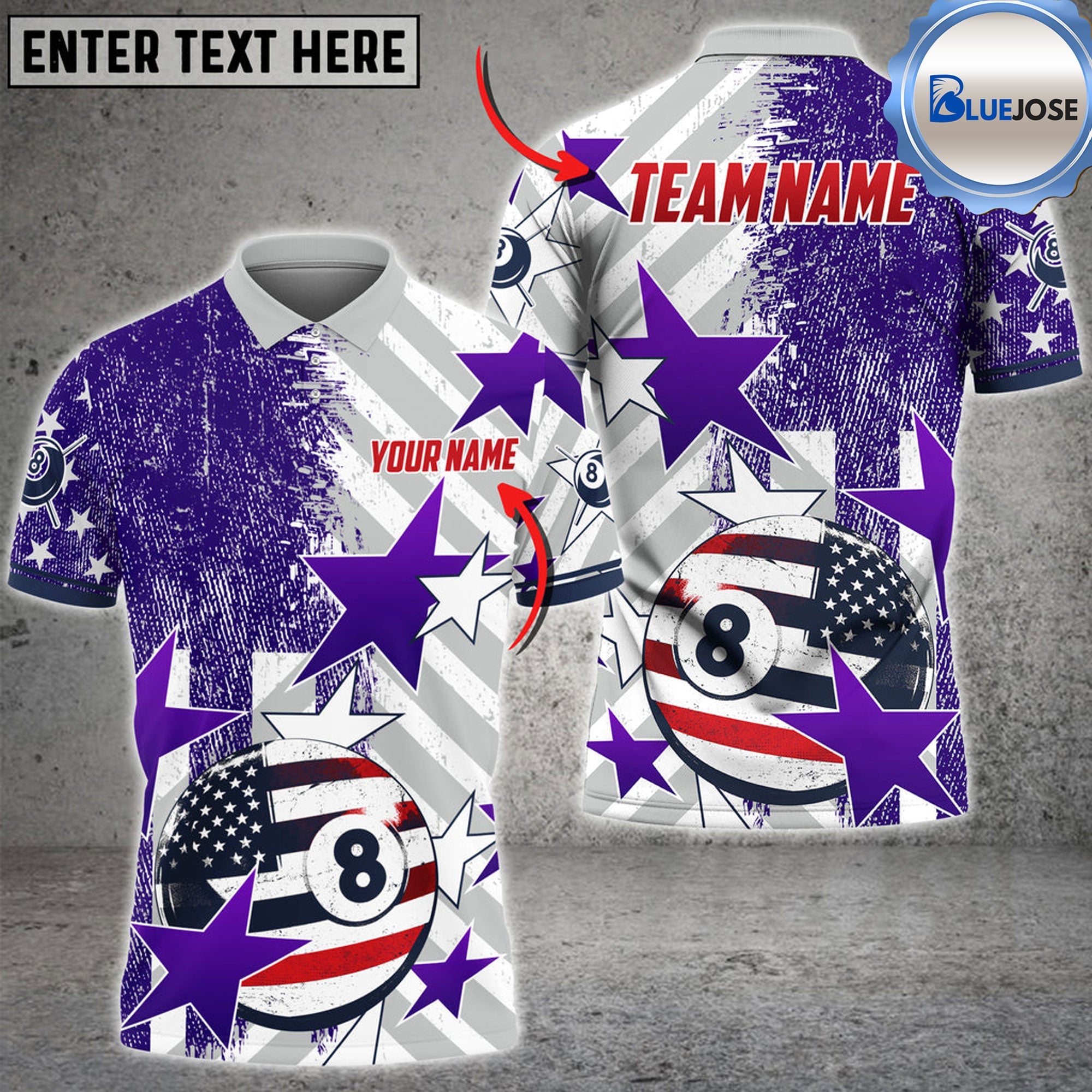 BlueJose Billiards Ball 8 American Flag Star Personalized Name Shirt (4 Colors)