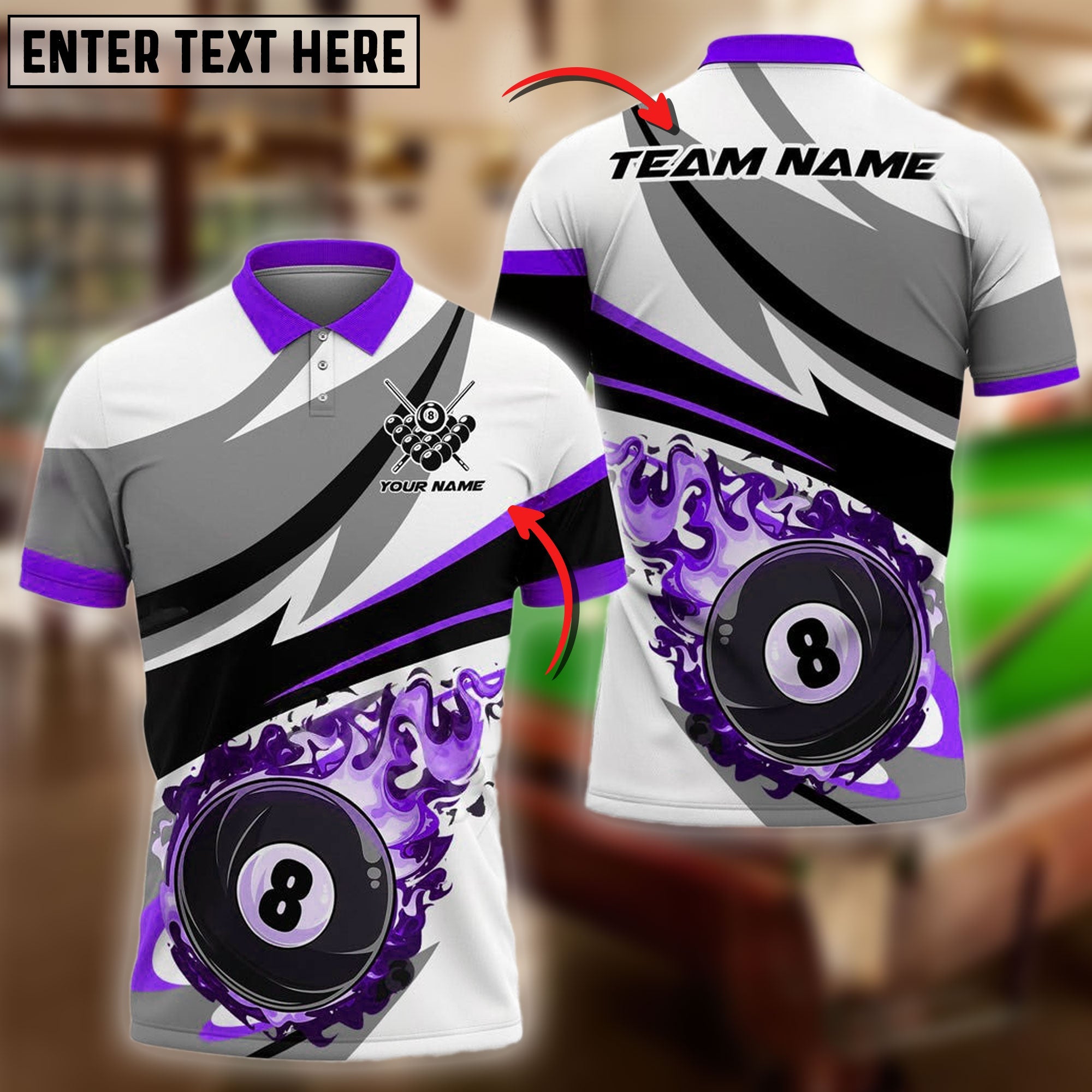 BlueJose Billiards Ball 8 Fire Wind Pattern Personalized Name & Team Name Shirt (4 Colors)