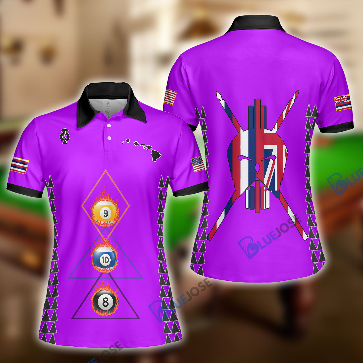 BlueJose Version 2 Billiards Hawaii & USA Flag Personalized Name, Team Name Zipper Polo Shirt