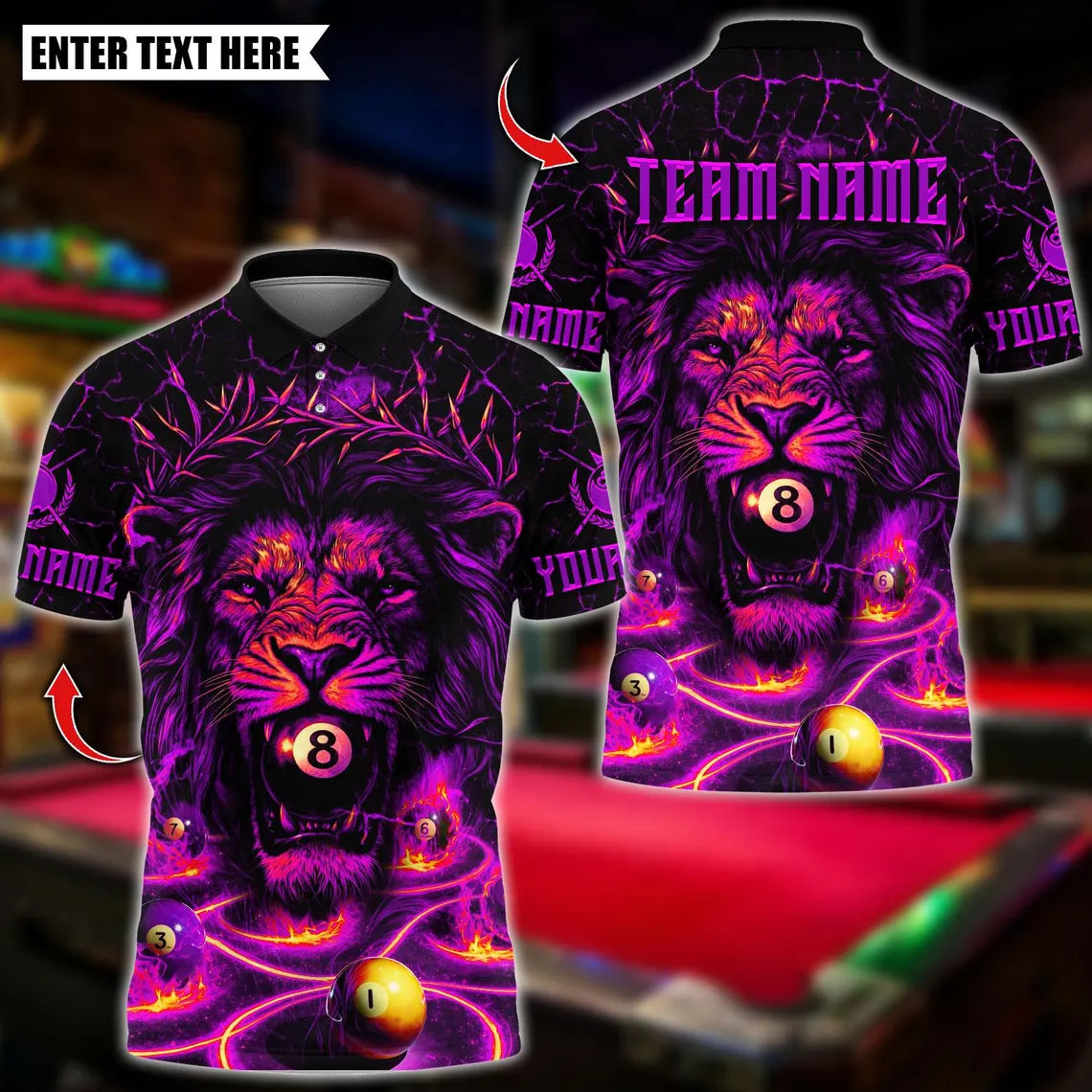 BlueJose Billiards Lion Face 8 Billiards Design Personalized Name Shirt (4 Colors)