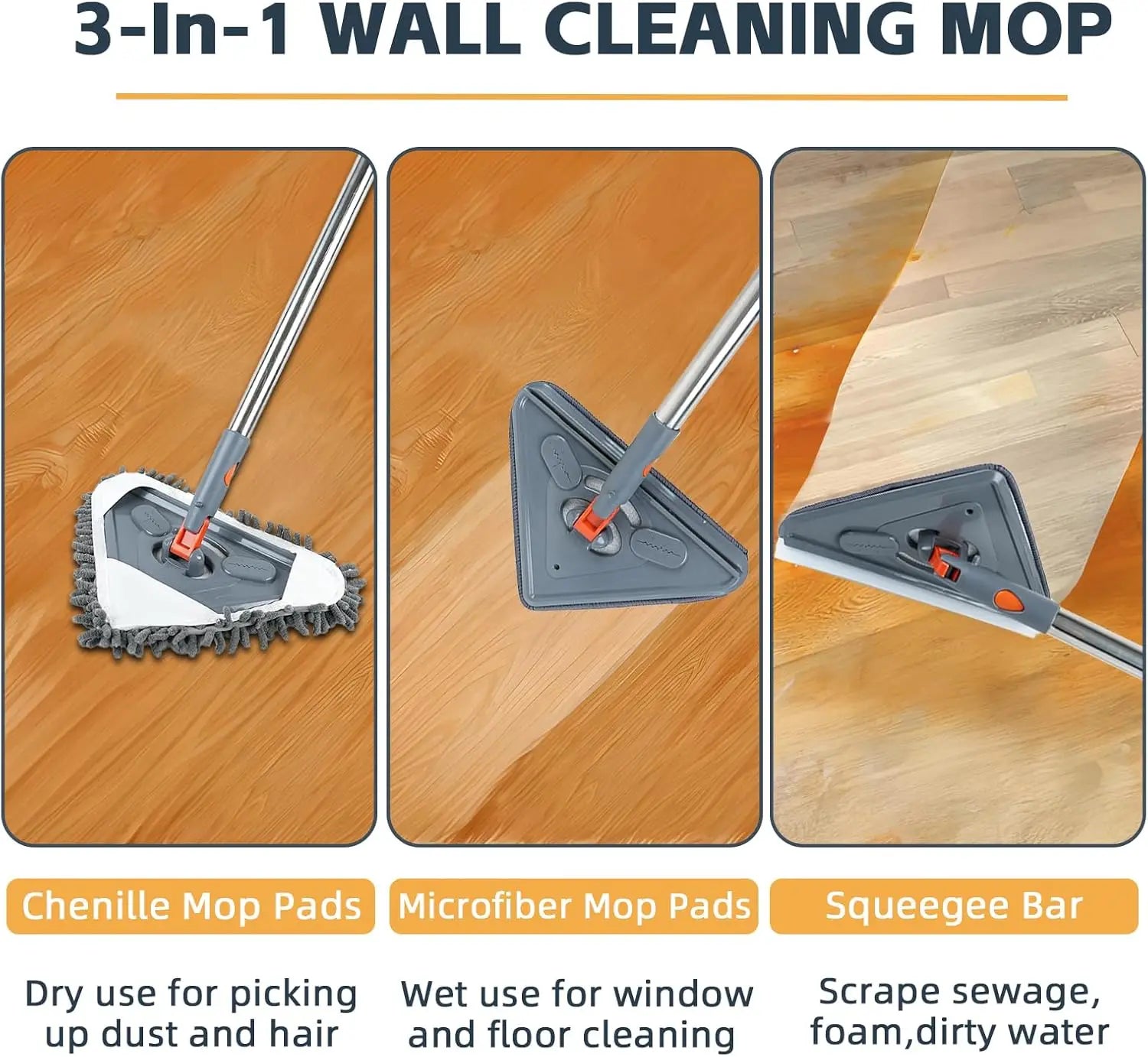 Adjustable Long Handle Wall Mop & Baseboard Cleaner for Multi-Surface Wet/Dry Cleaning - Home Use