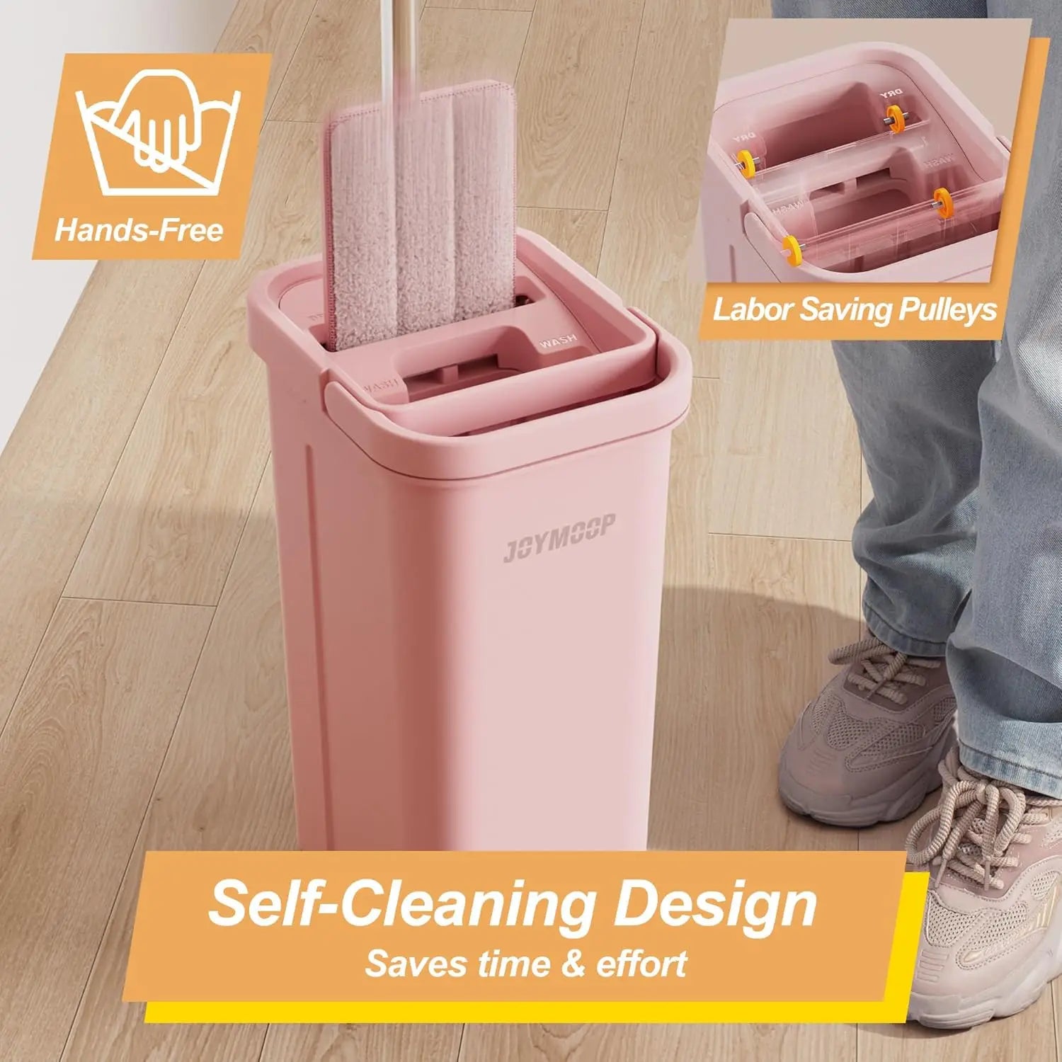 Pink Mop and Bucket with Wringer Set for Home, 3 Reusable Microfiber Mop Pads, Hands-Free Self-Cleaning System, Floor and Wall