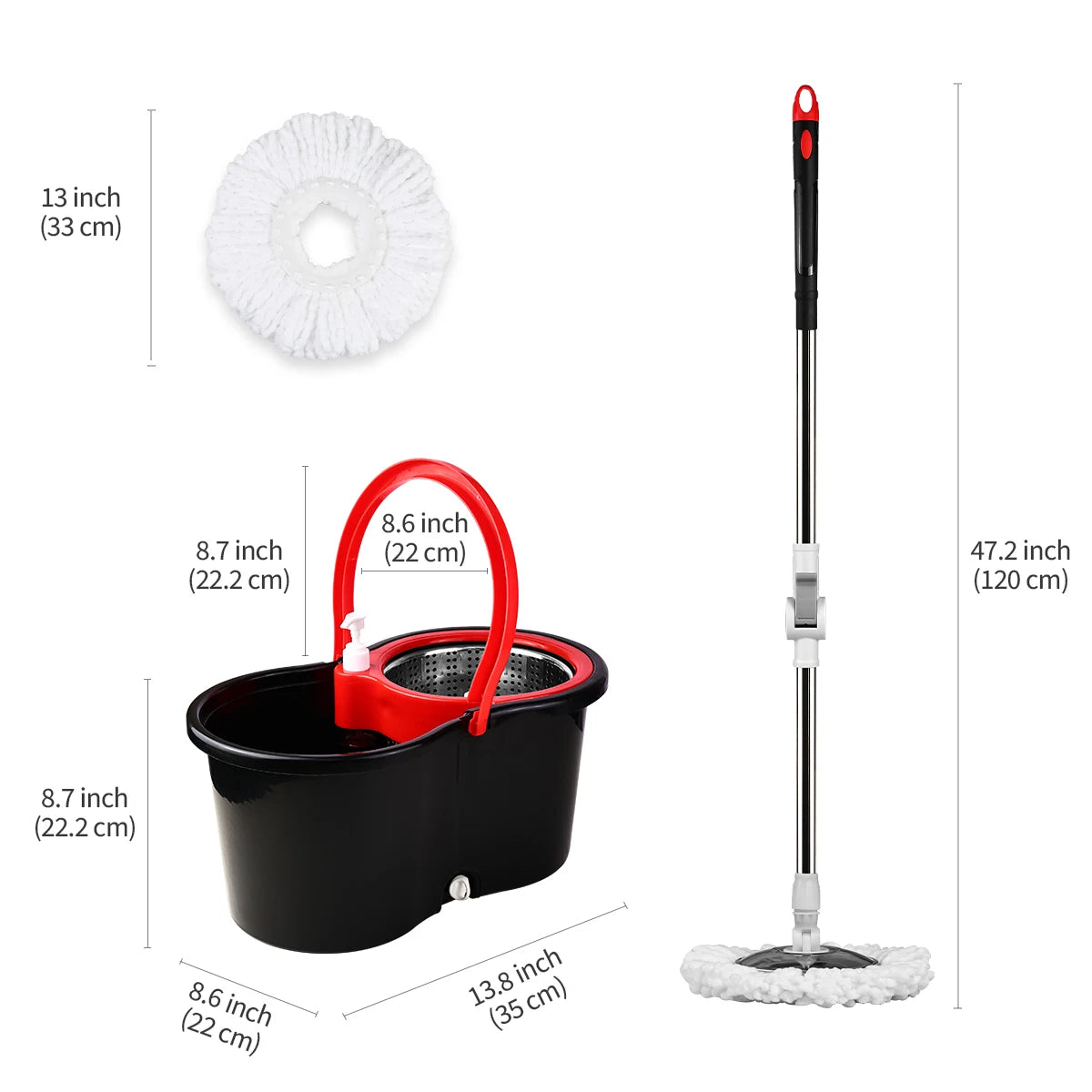 Mop Bucket Set 360° Dual-Motion Spin Mop System 3 Split-Yarn Mop Heads Self Cleaning Bucket