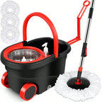 Spin Mop Bucket Set with Soap Dispenser 360°Rotating 2 Microfiber Heads 61" Adjustable Stainless Steel Handle 20QT Floor Cleaner