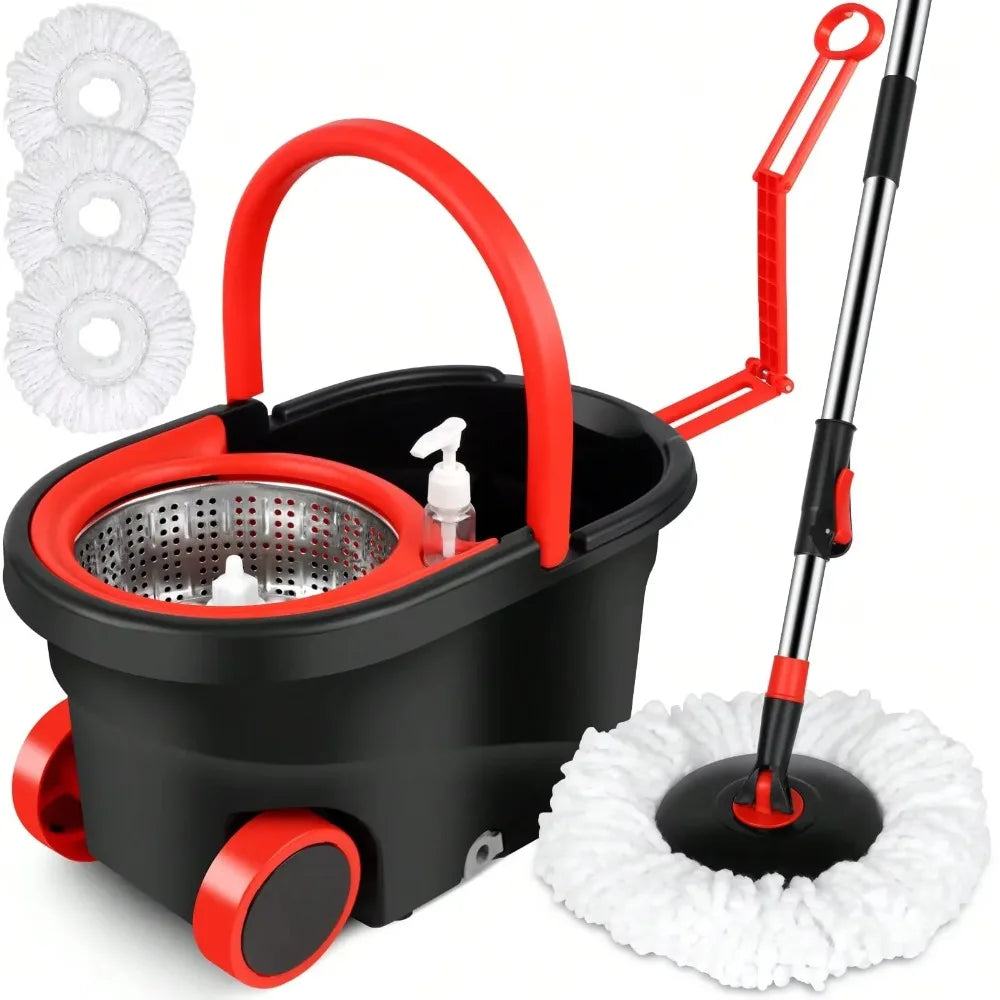 Spin Mop Bucket Set with Soap Dispenser 360°Rotating 2 Microfiber Heads 61" Adjustable Stainless Steel Handle 20QT Floor Cleaner
