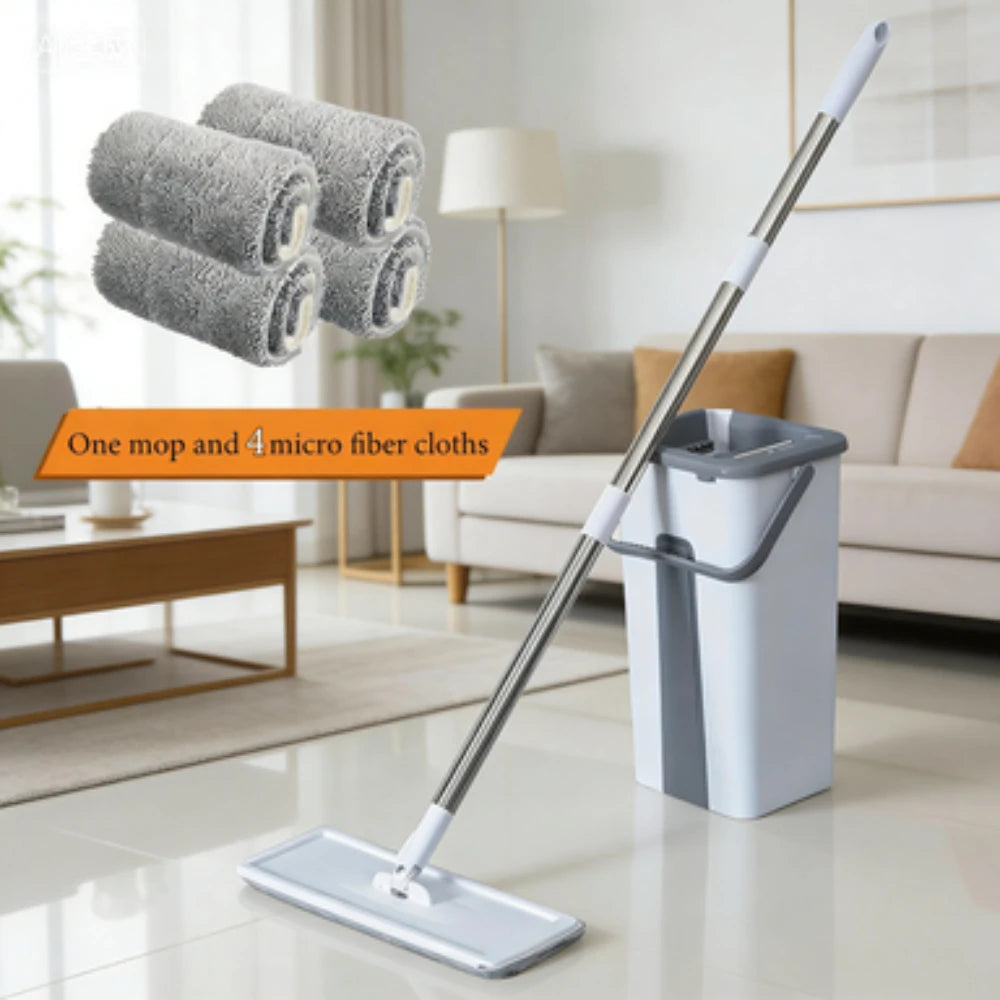 Flat Spin Mop with Bucket Set, 4 Reusable & Washable Pads – 360° Swivel Head, No-Touch Wring System for All Floor Types