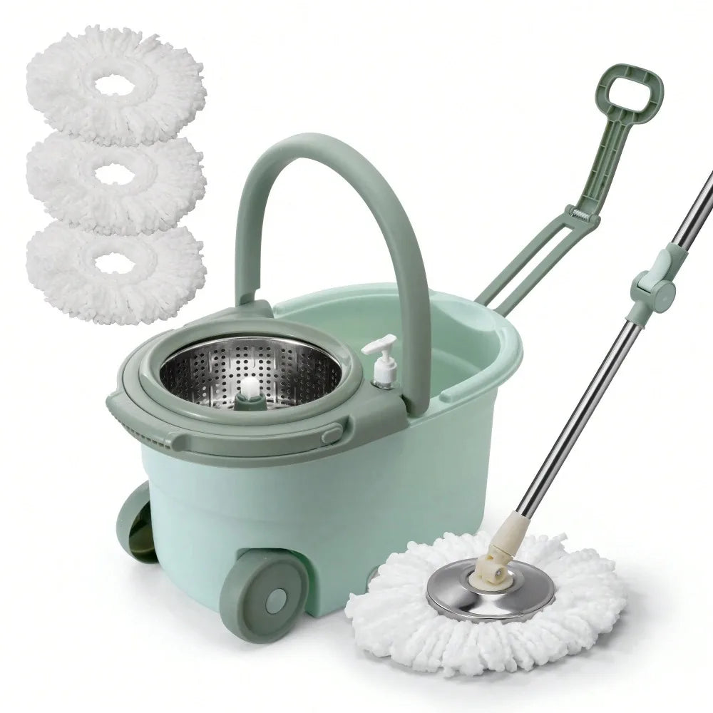 Spin Mop Bucket Set with Soap Dispenser 360°Rotating 2 Microfiber Heads 61" Adjustable Stainless Steel Handle 20QT Floor Cleaner