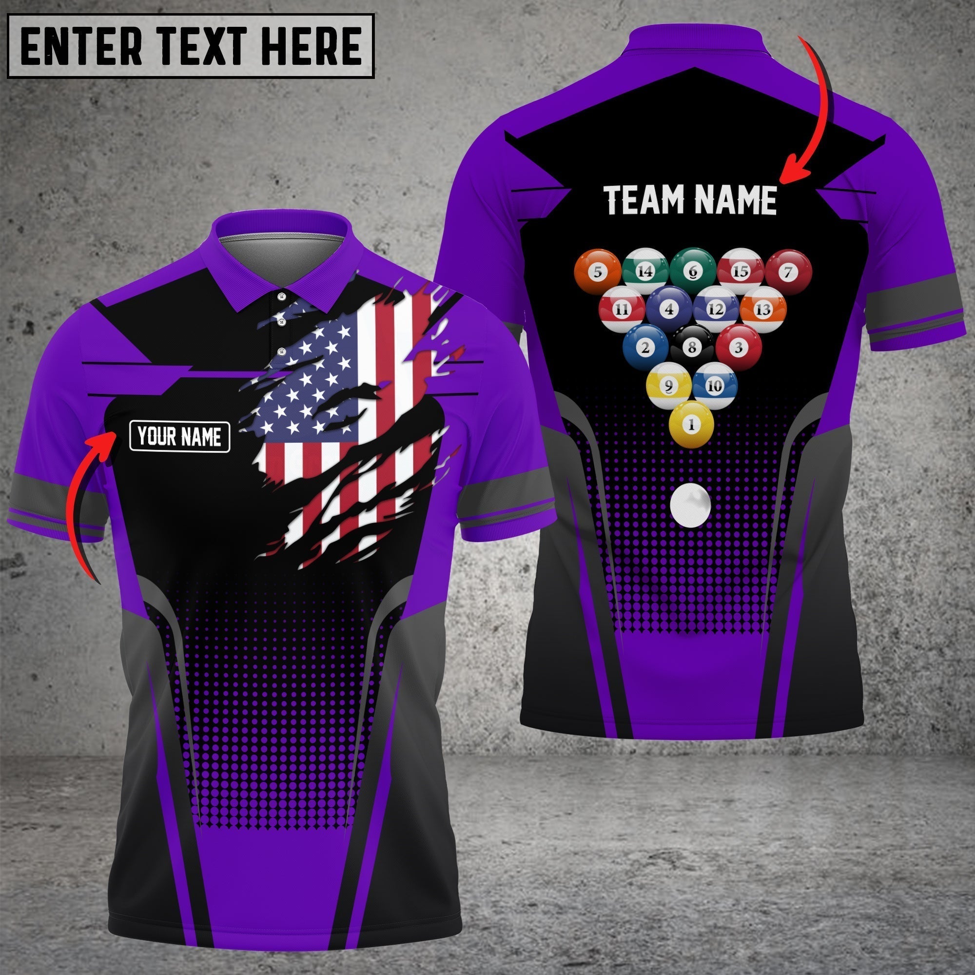 BlueJose Billiard American Flag Personalized Name, Team Name Unisex Polo Shirt