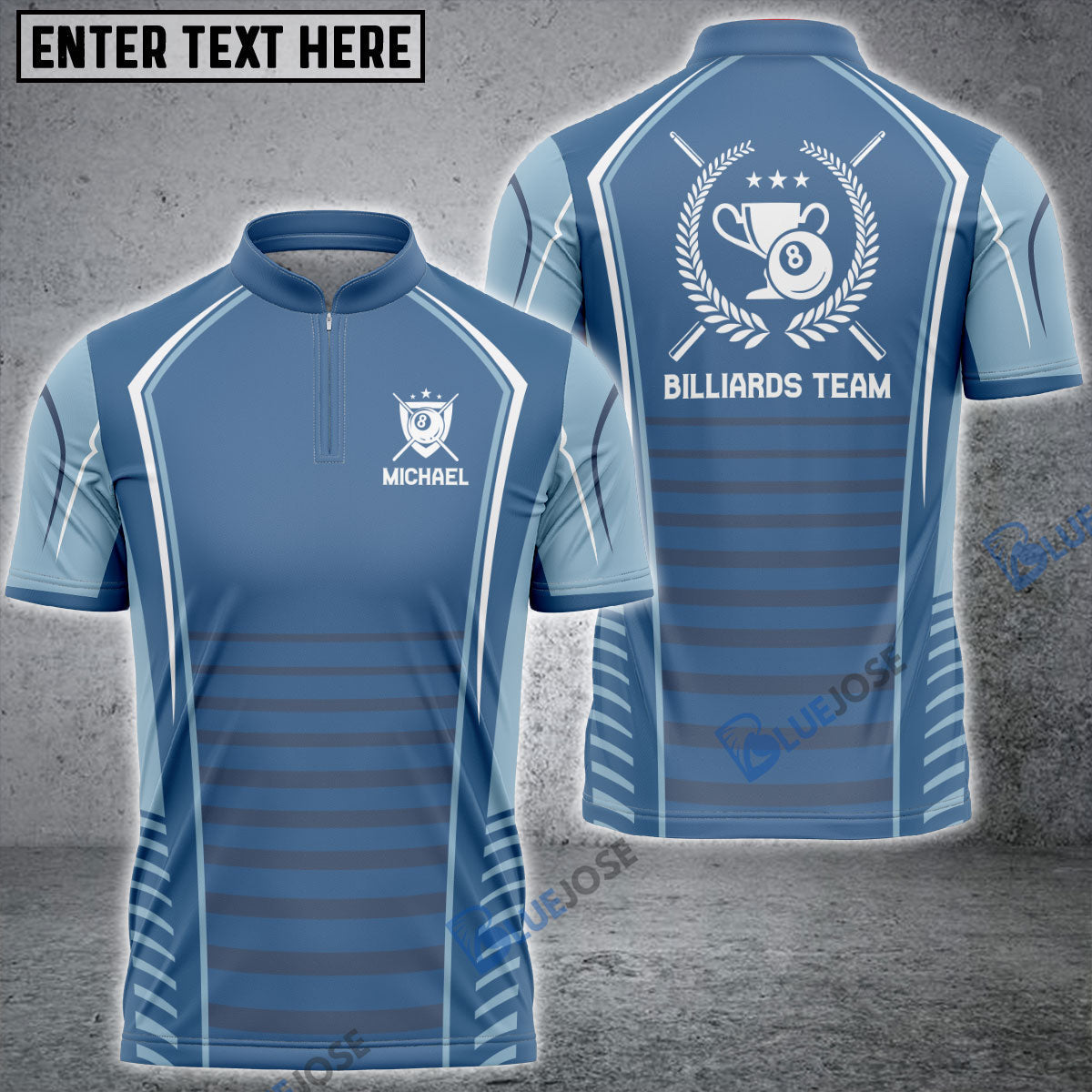 BlueJose Light Blue Trophy Emblem Billiard Custom Name Zipper Polo Shirt