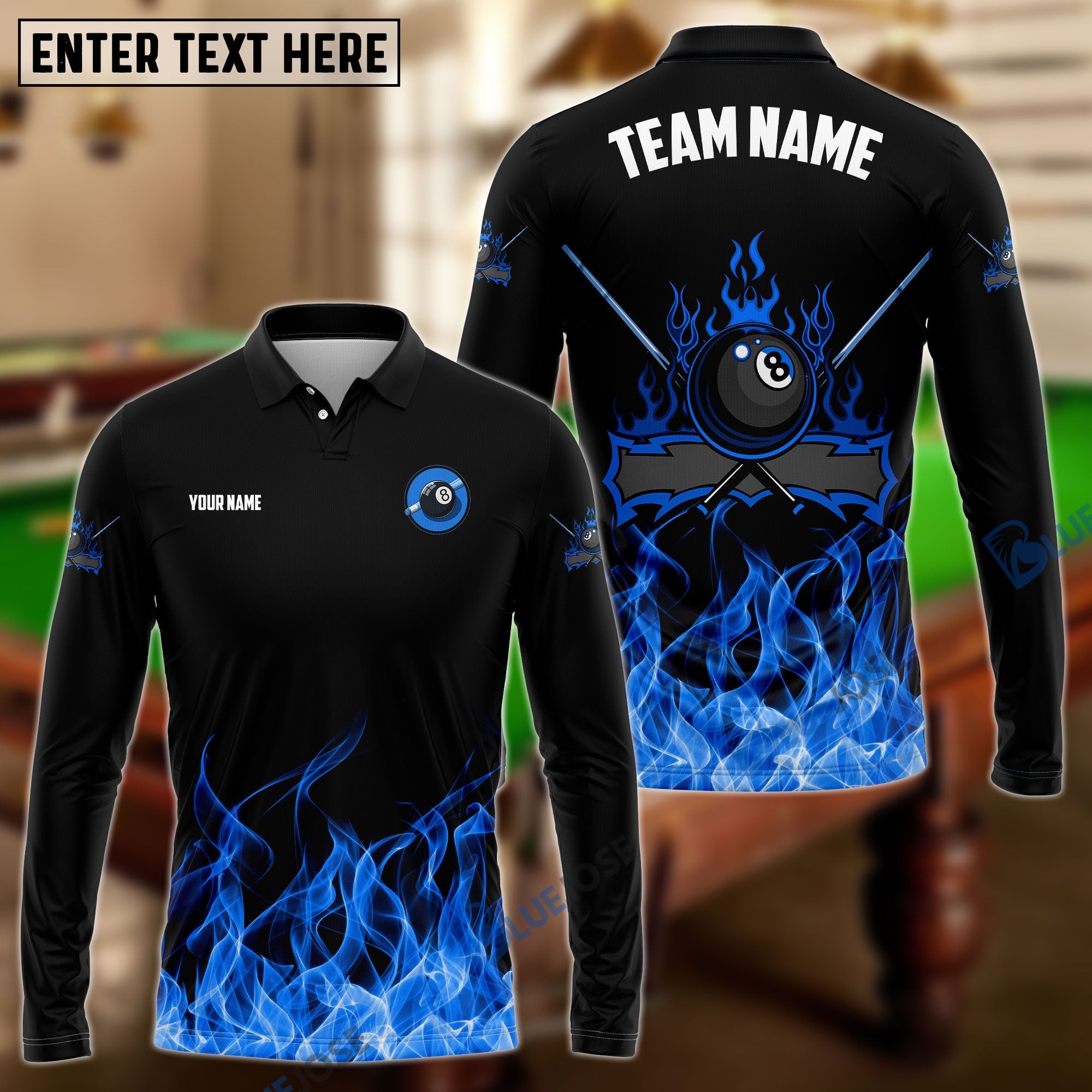BlueJose Personalized Billiards 8-Ball Blue Fire Pattern Shirt