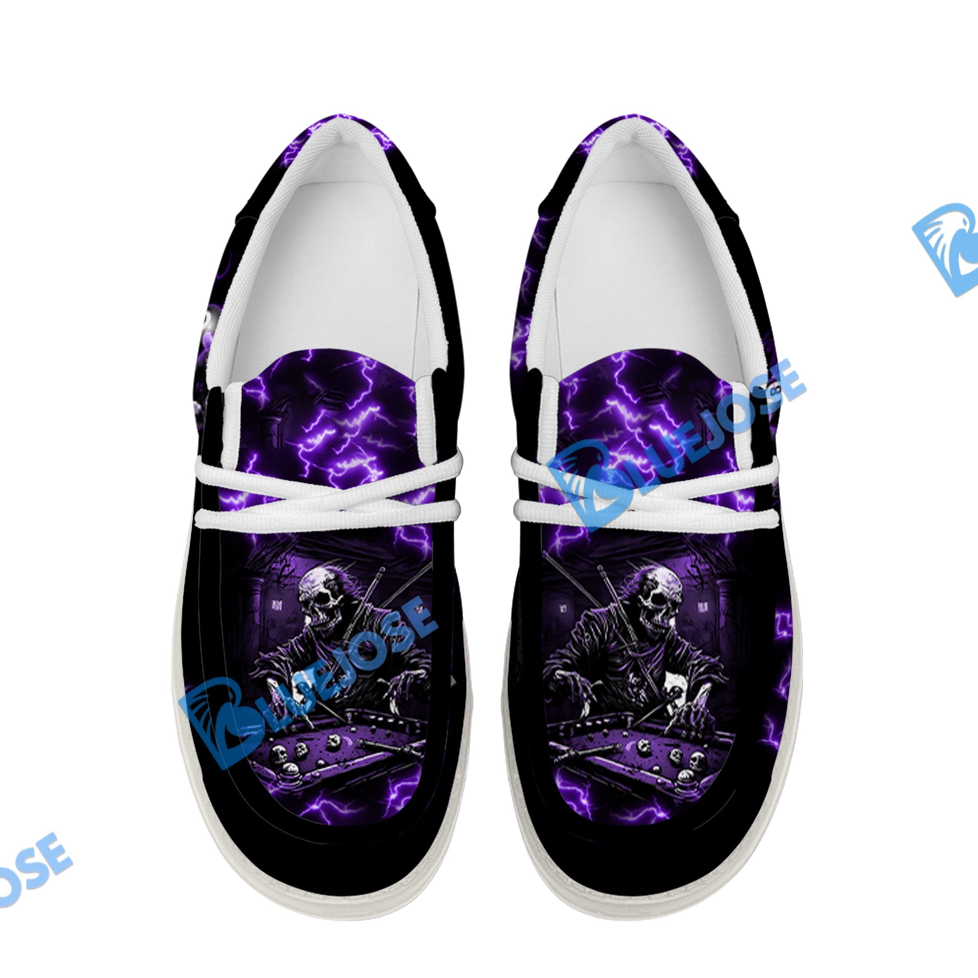 BlueJose Billiards Skull Fire White Canvas Loafer Shoes (4 Colors)