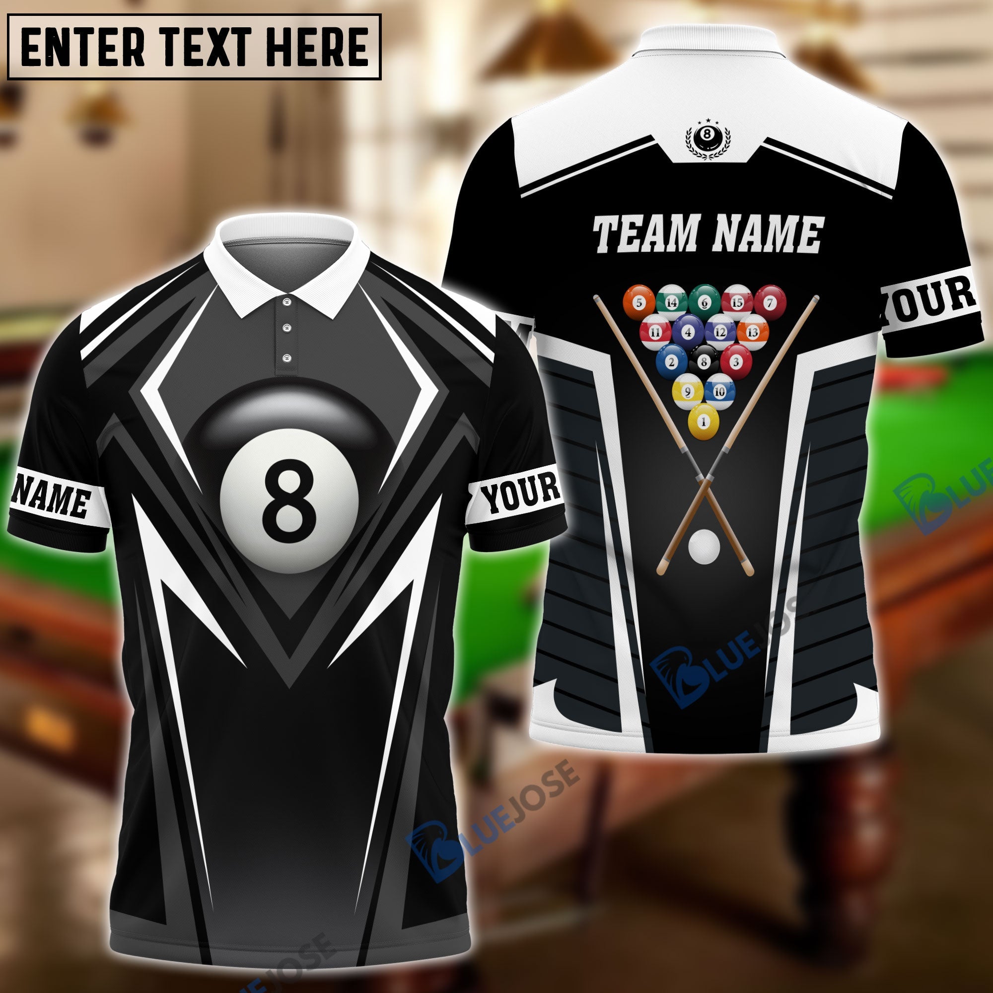 BlueJose Billiards 8-Ball Champion Personalized Name Shirt ( 6 Colors)