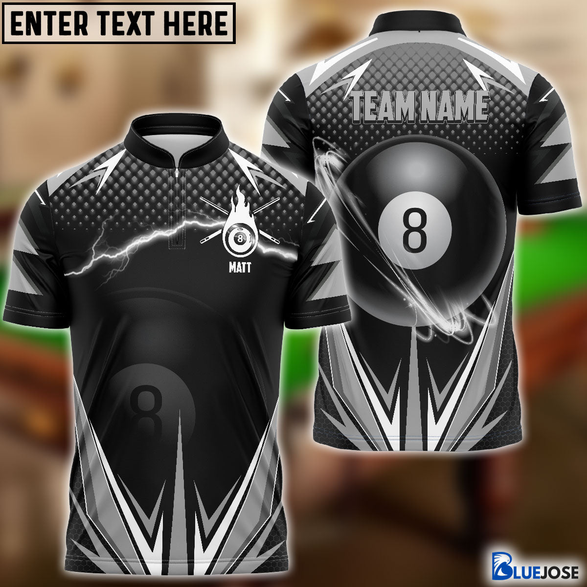 BlueJose Billiards Gray Personalized Name, Team Name Shirt