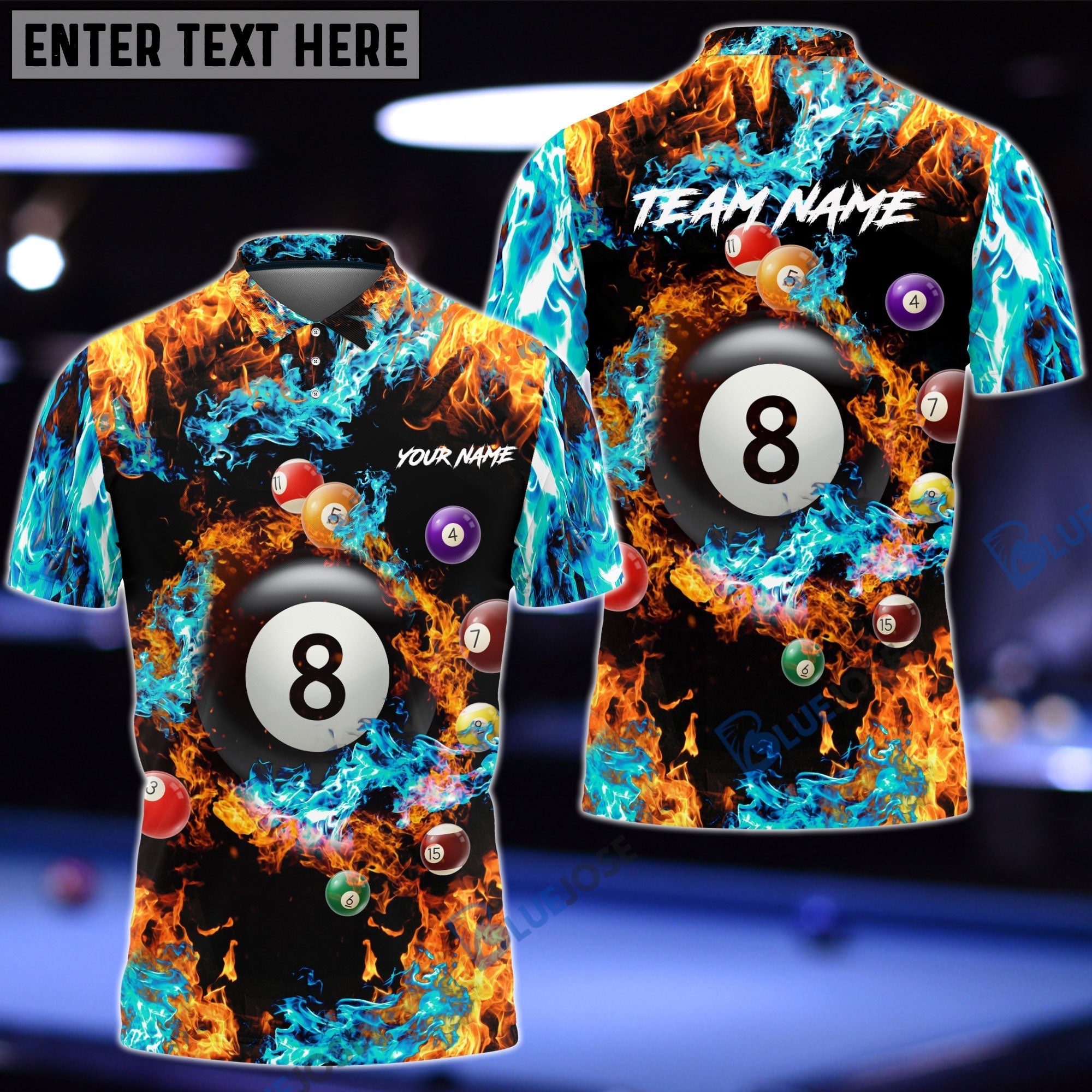 BlueJose Billiards Fire & Water Personalized Name, Team Name Shirt