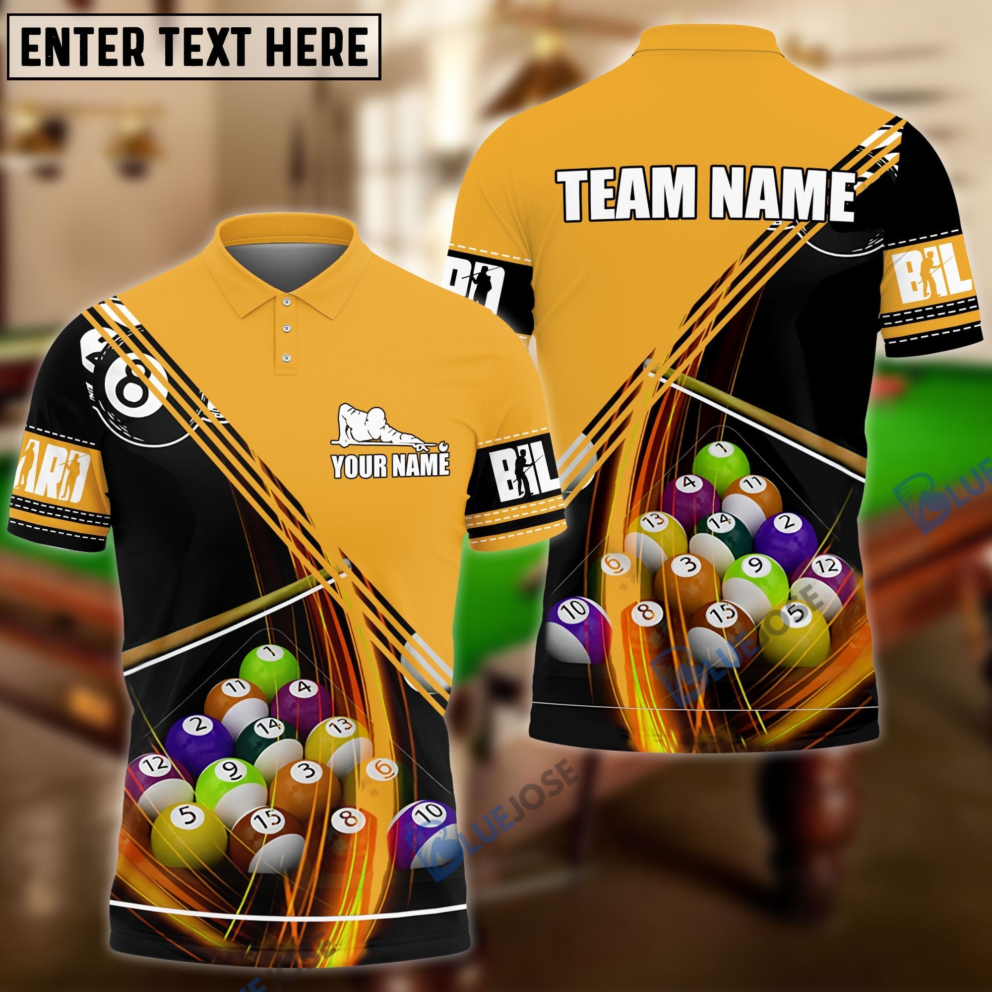 BlueJose Billiards Players Personalized Name, Team Name Polo Shirt (6 Colors)