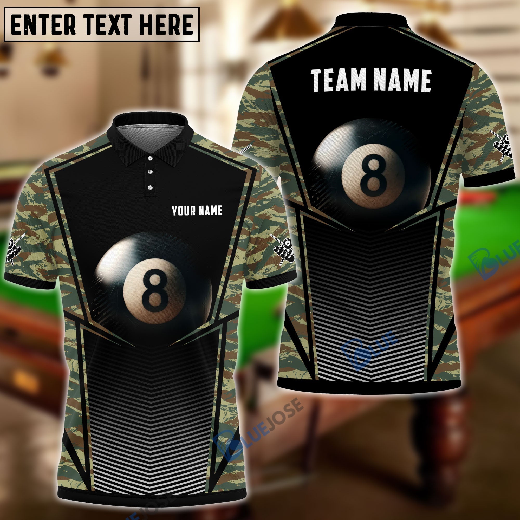 BlueJose Billiards Green Camo Personalized Name, Team Name Unisex Shirt