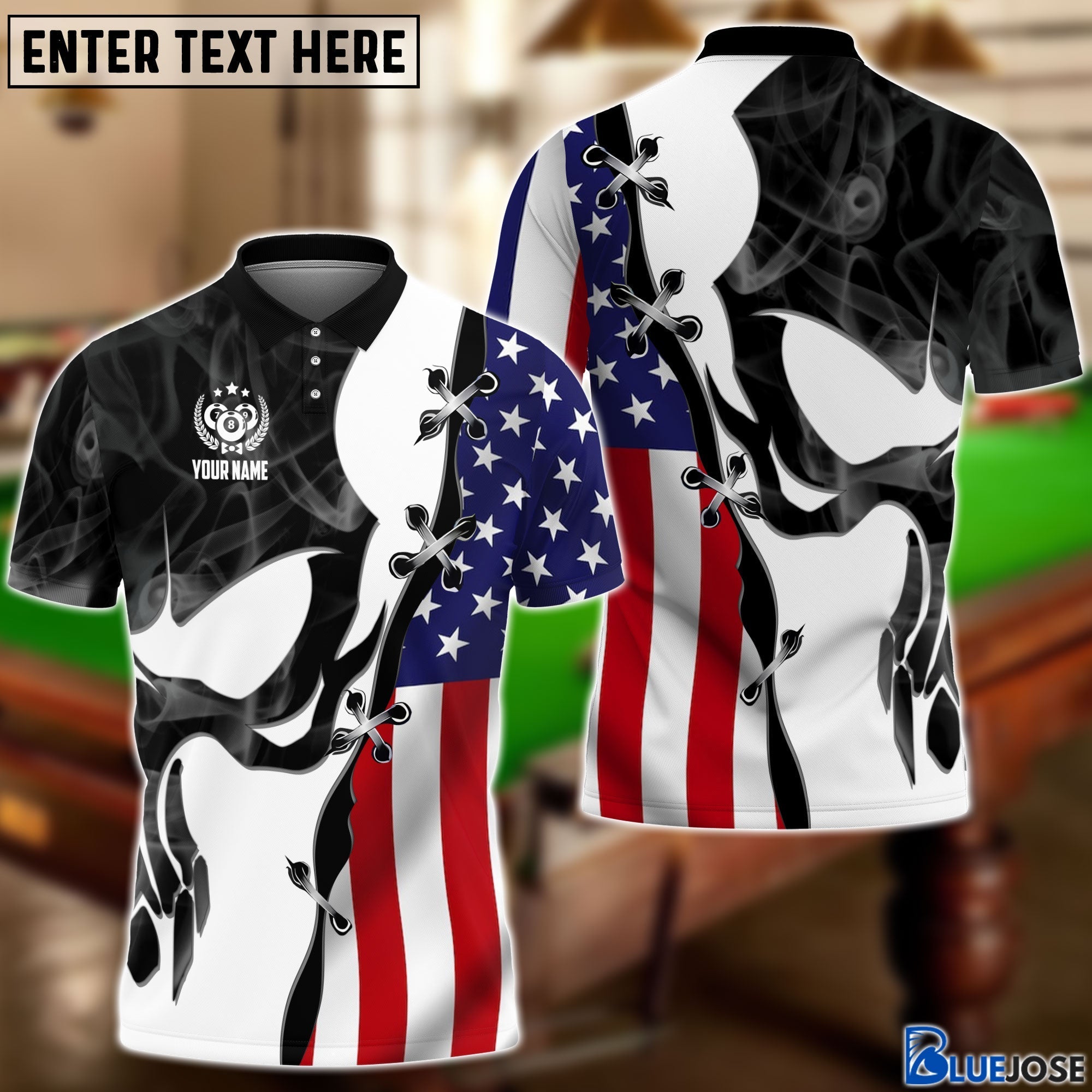 BlueJose Billiards Skull USA Flag Personalized 3D Shirt
