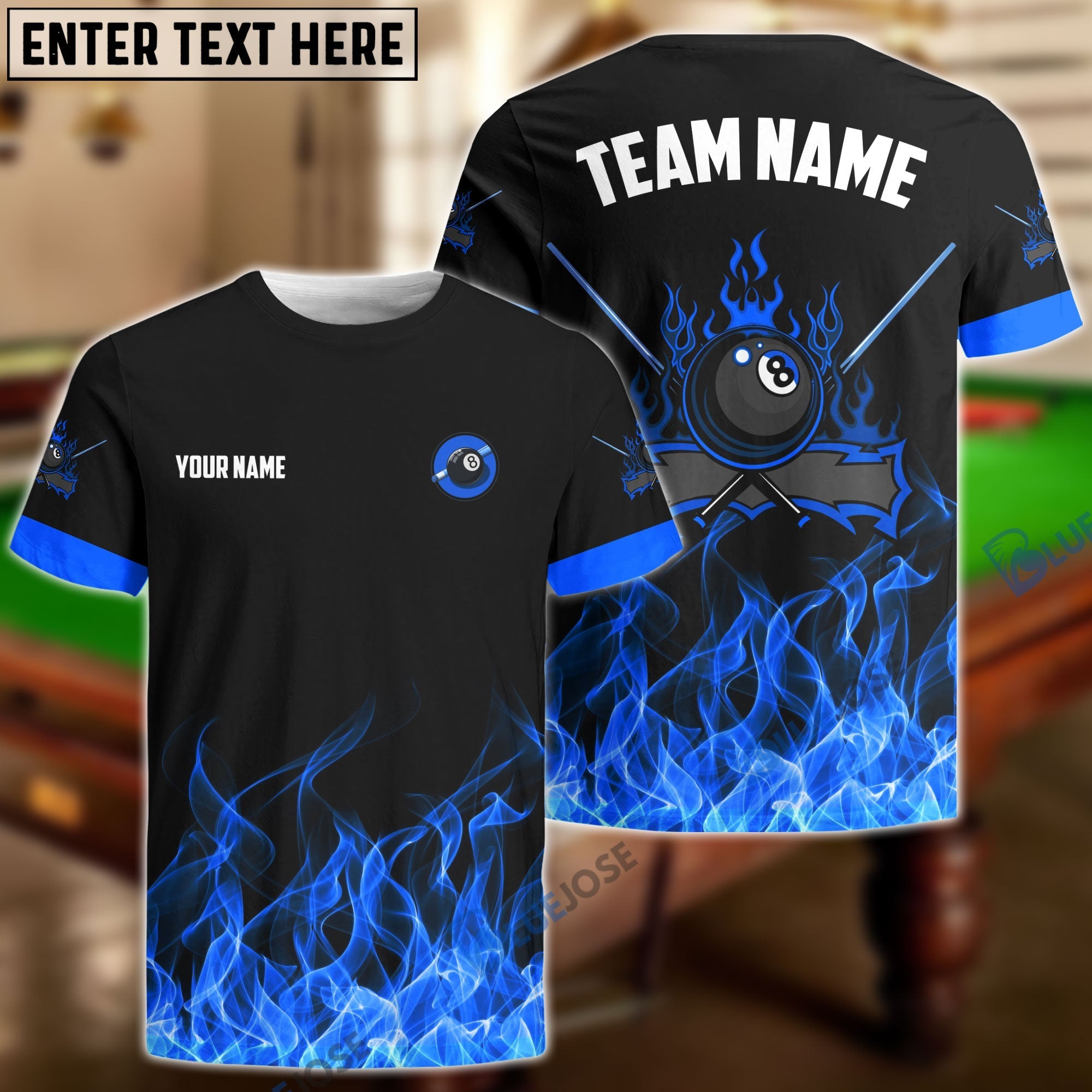 BlueJose Personalized Billiards 8-Ball Fire Pattern Shirt (Blue, Green, Yellow & Red)