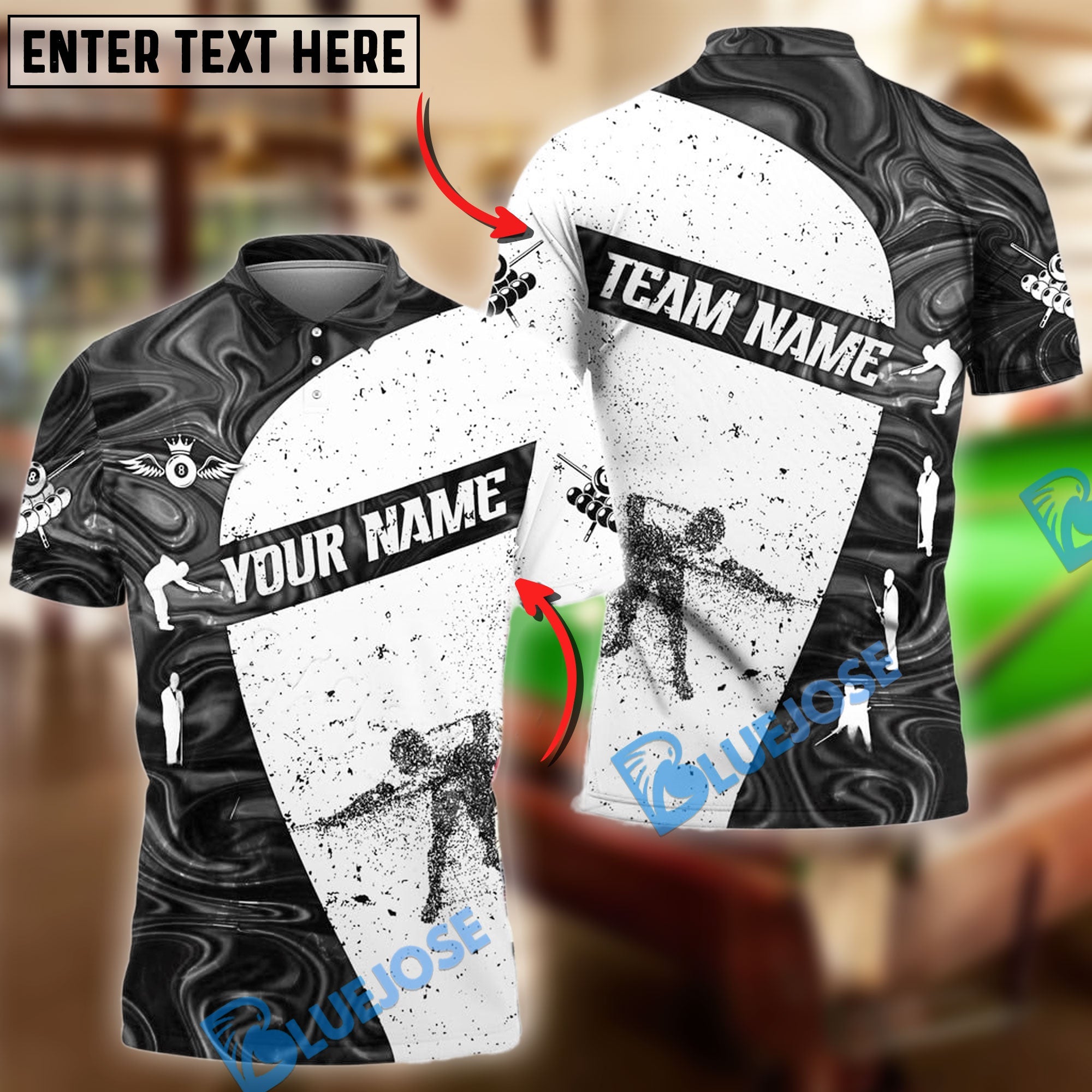 BlueJose Billiards Player Dust White Pattern Personalized Name & Team Name Shirt (4 Colors)