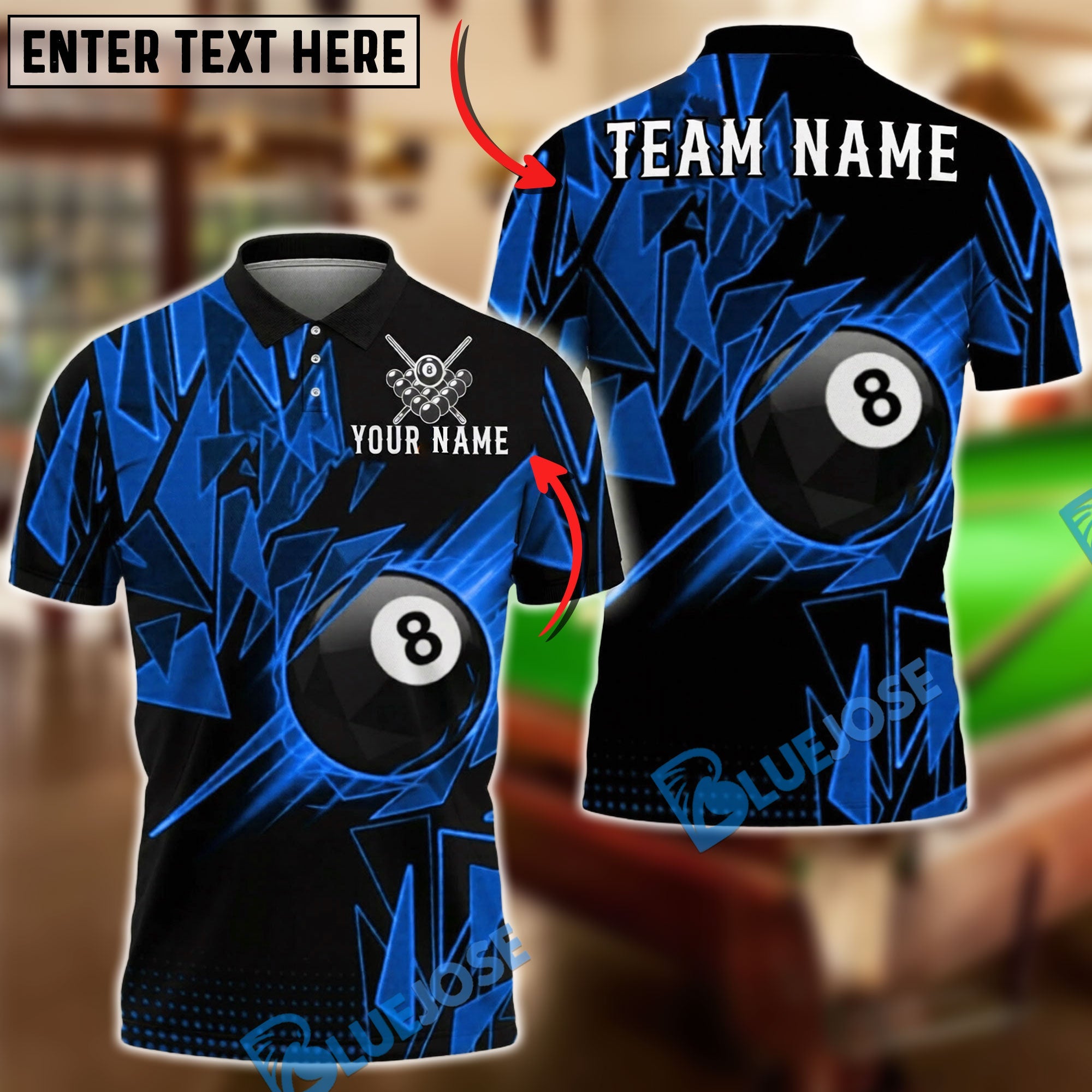 BlueJose Billiards 8 Ball Shattering Glass Lightning Graphic Personalized Name Shirt (4 Colors)