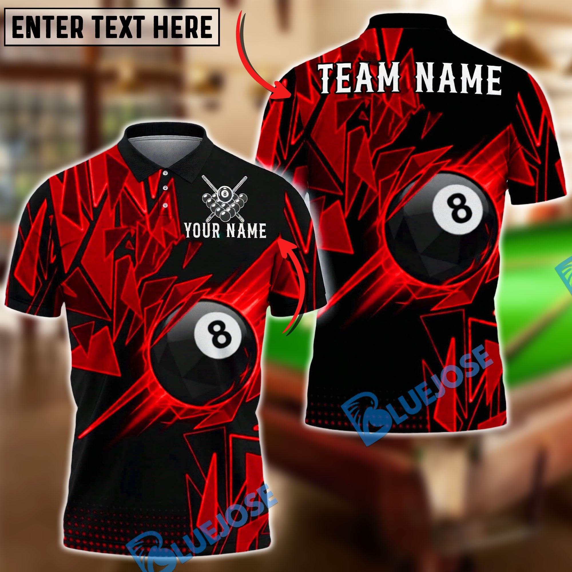 BlueJose Billiards 8 Ball Shattering Glass Lightning Graphic Personalized Name Shirt (4 Colors)