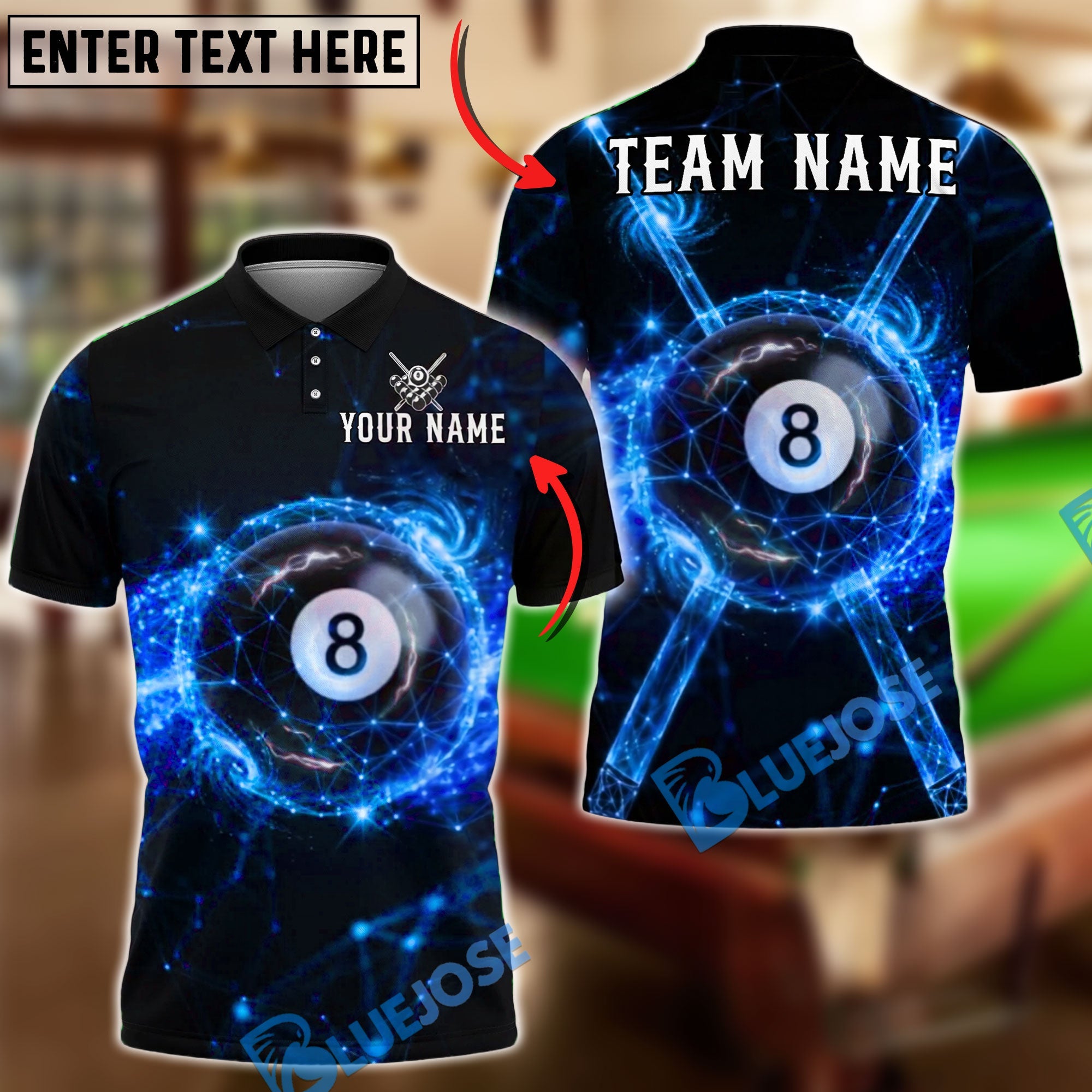 BlueJose Billiards 8 Ball Neon Galaxy Cross Cue Graphic Personalized Name Shirt (4 Colors)